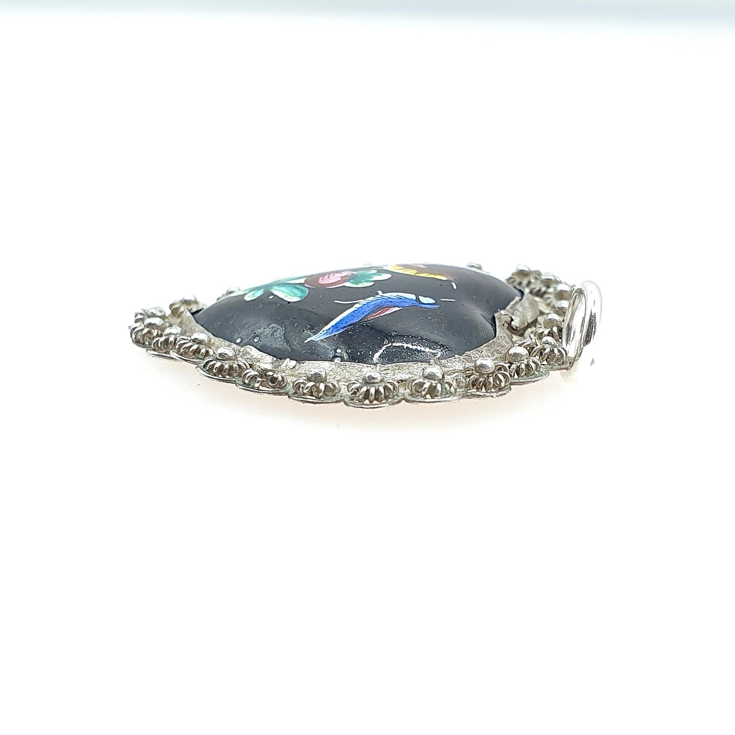 Antique Victorian Solid Silver Bird Heart Painted Pendant Necklace Filigree Border Vintage Womens Necklace Jewellery Jewelry