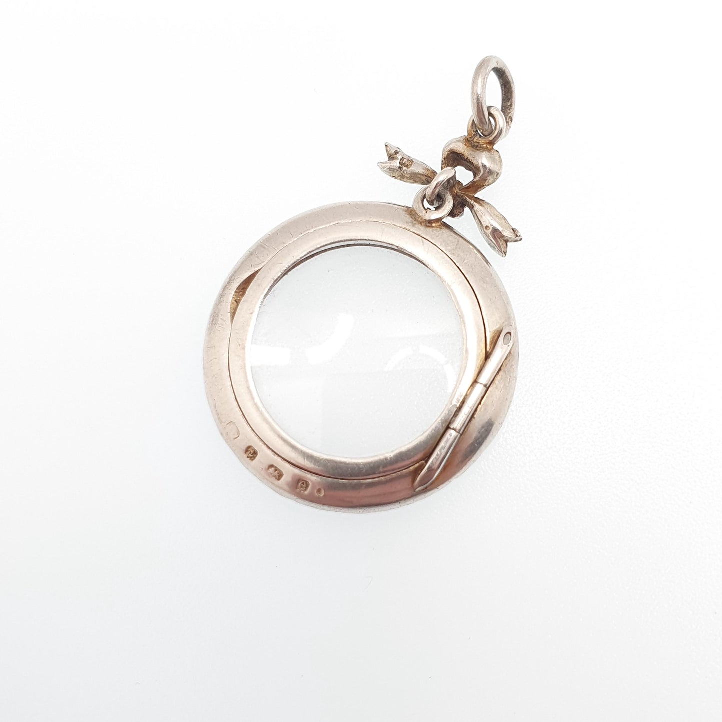 Antique Sterling Silver Diamond Paste Locket Pendant Edwardian 1904 Necklace Picture Photo Bow Double Sided Womens Vintage