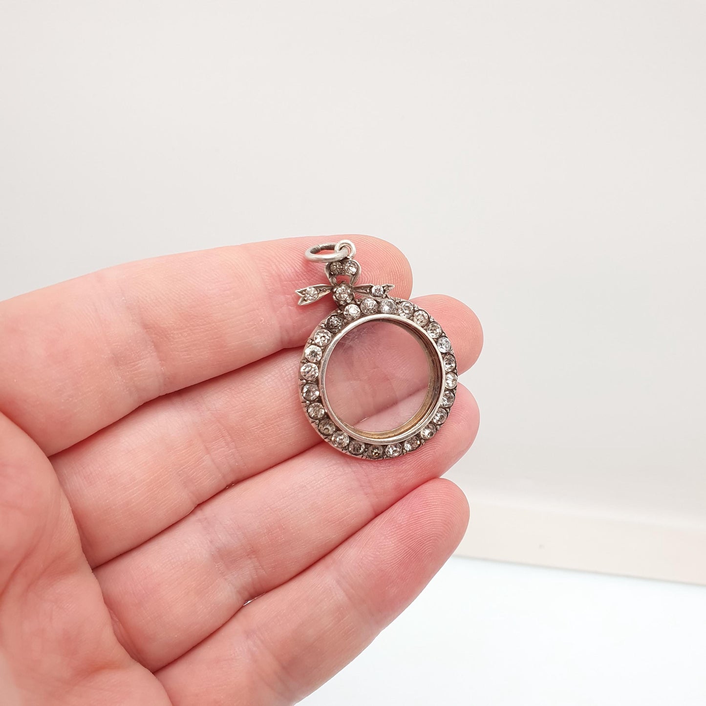 Antique Sterling Silver Diamond Paste Locket Pendant Edwardian 1904 Necklace Picture Photo Bow Double Sided Womens Vintage