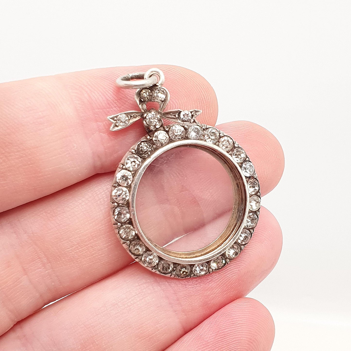 Antique Sterling Silver Diamond Paste Locket Pendant Edwardian 1904 Necklace Picture Photo Bow Double Sided Womens Vintage