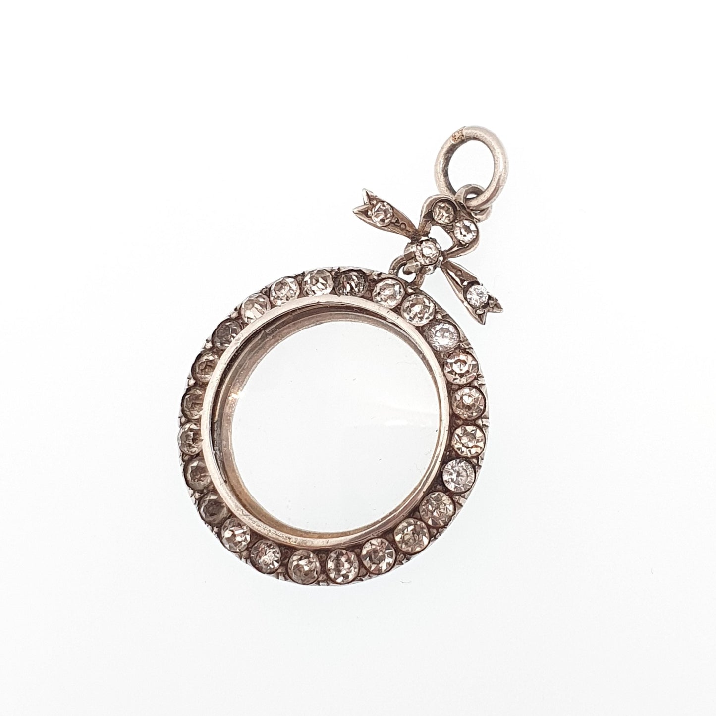 Antique Sterling Silver Diamond Paste Locket Pendant Edwardian 1904 Necklace Picture Photo Bow Double Sided Womens Vintage
