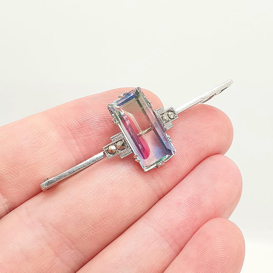 Antique Rainbow Iris Glass Solid Silver Brooch Pin Art Deco Marcasite Tutti Frutti Rectangular Cut Vintage Jewelry