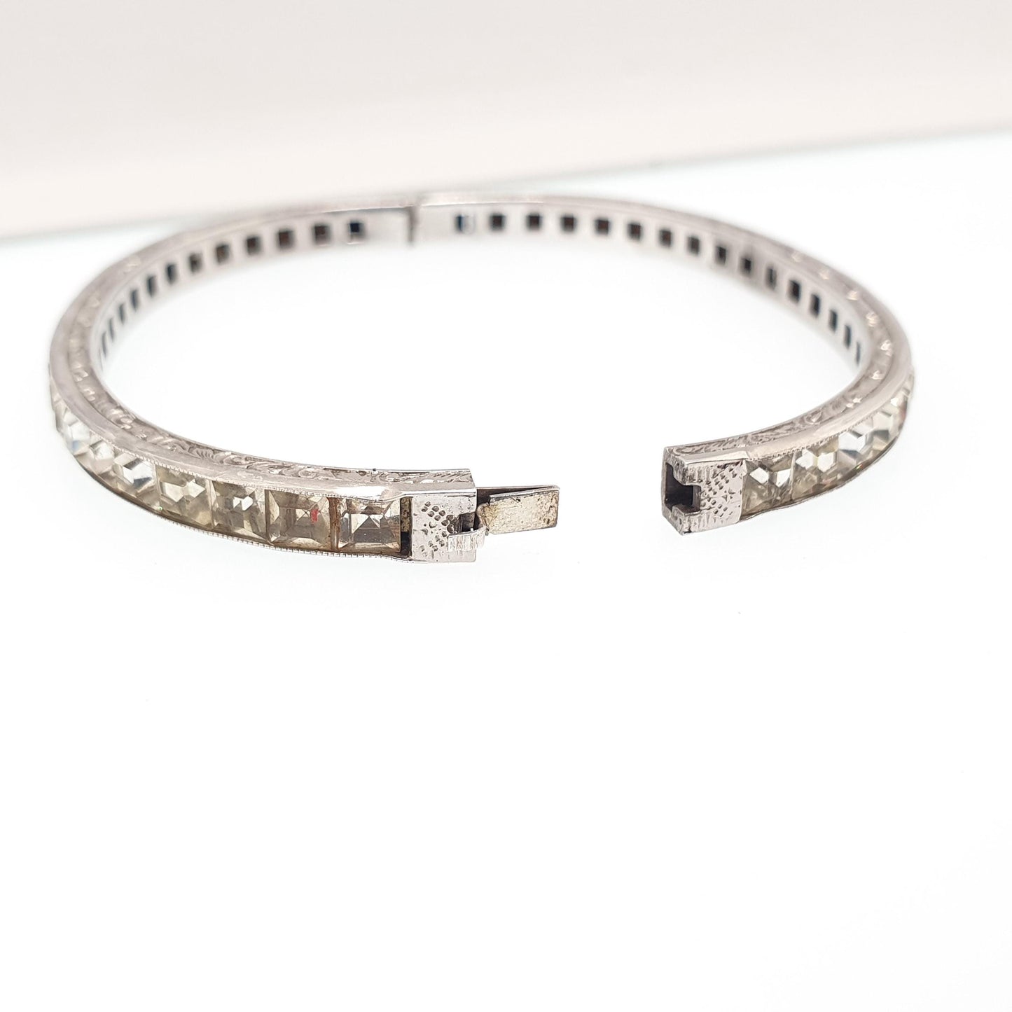 Antique Solid Silver Diamond Paste Bangle Art Deco Channel Set 1920s Vintage 14.57g Square Cut Snap Bracelet Jewelry Jewellery