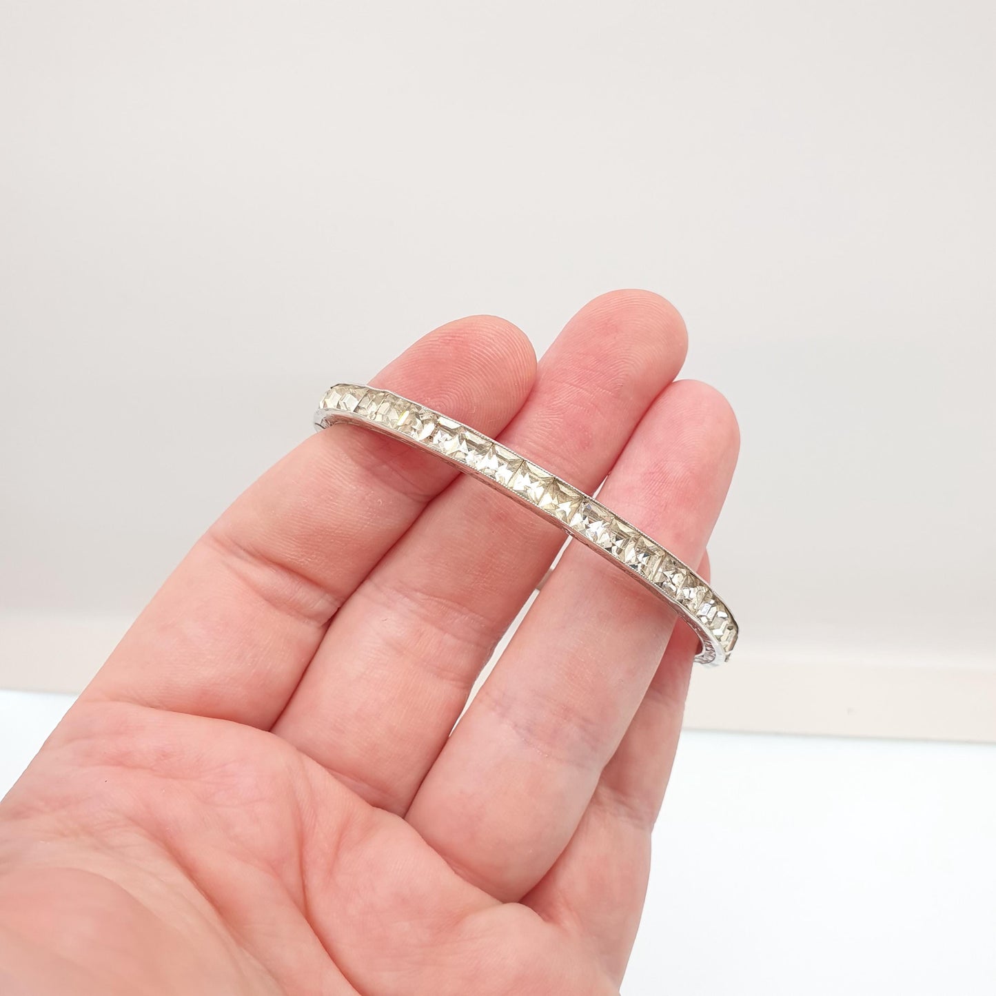 Antique Solid Silver Diamond Paste Bangle Art Deco Channel Set 1920s Vintage 14.57g Square Cut Snap Bracelet Jewelry Jewellery