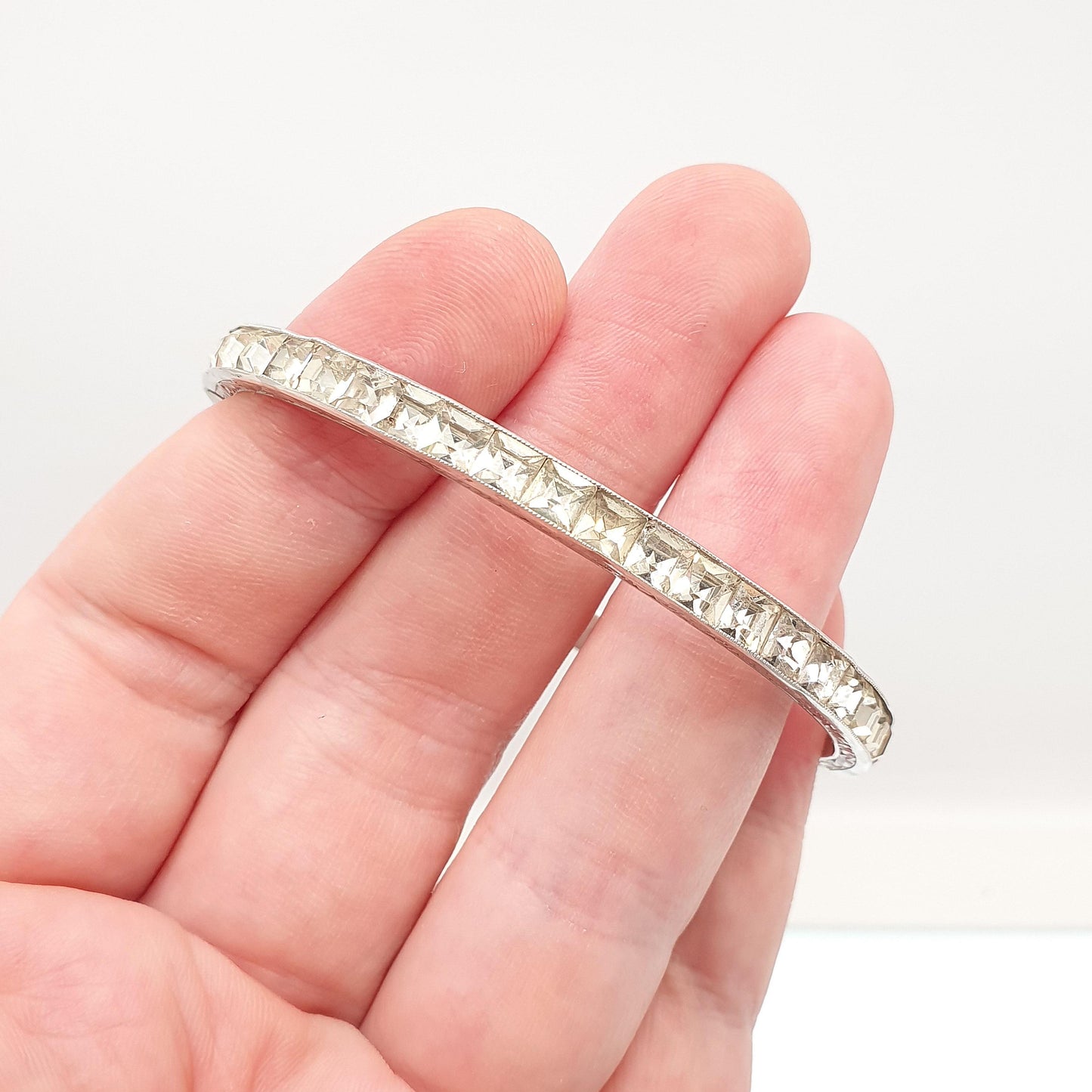 Antique Solid Silver Diamond Paste Bangle Art Deco Channel Set 1920s Vintage 14.57g Square Cut Snap Bracelet Jewelry Jewellery
