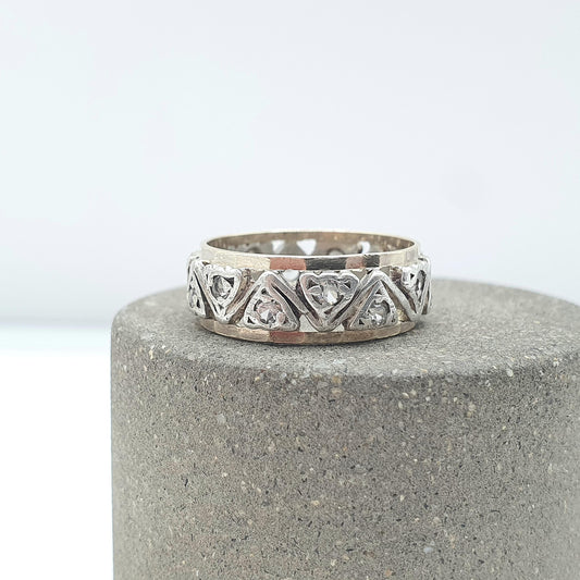 Antique 9ct Gold & Silver Eternity Ring White Spinel Triangle Pattern Art Deco Womens Jewelry Jewellery UK J US 4.75