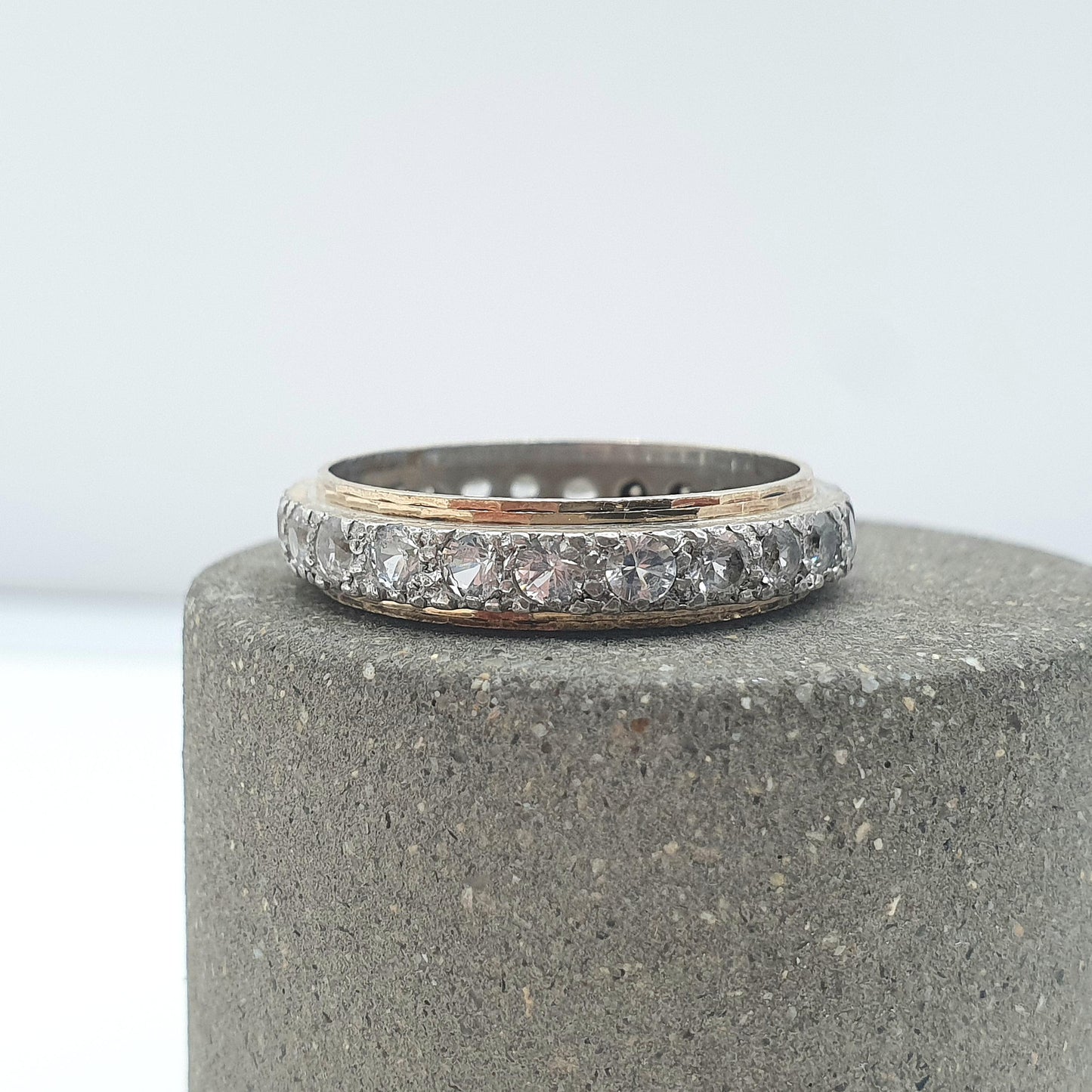 Antique 9ct Gold & Silver Eternity Ring White Spinel Dimpled Pattern Art Deco Love Gift Vintage Womens Jewelry Jewellery UK R or US 8.5