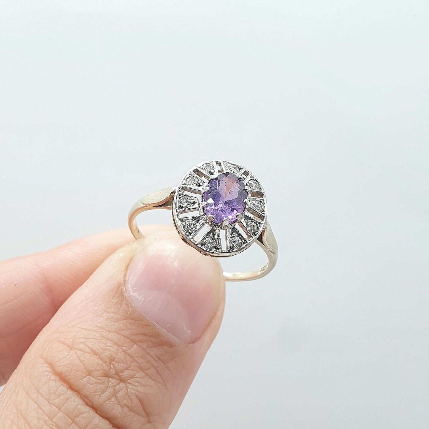 Vintage Gold on Sterling Silver Amethyst Ring CZ Halo Border Sparkly Retro Jewelry Jewellery UKR US 8.5
