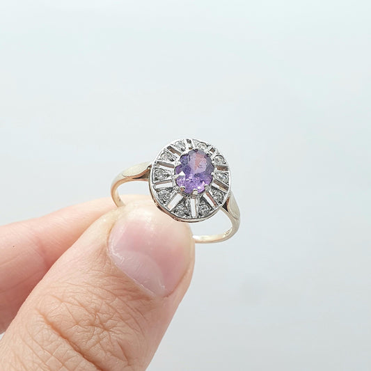 Vintage Gold on Sterling Silver Amethyst Ring CZ Halo Border Sparkly Retro Jewelry Jewellery UKR US 8.5