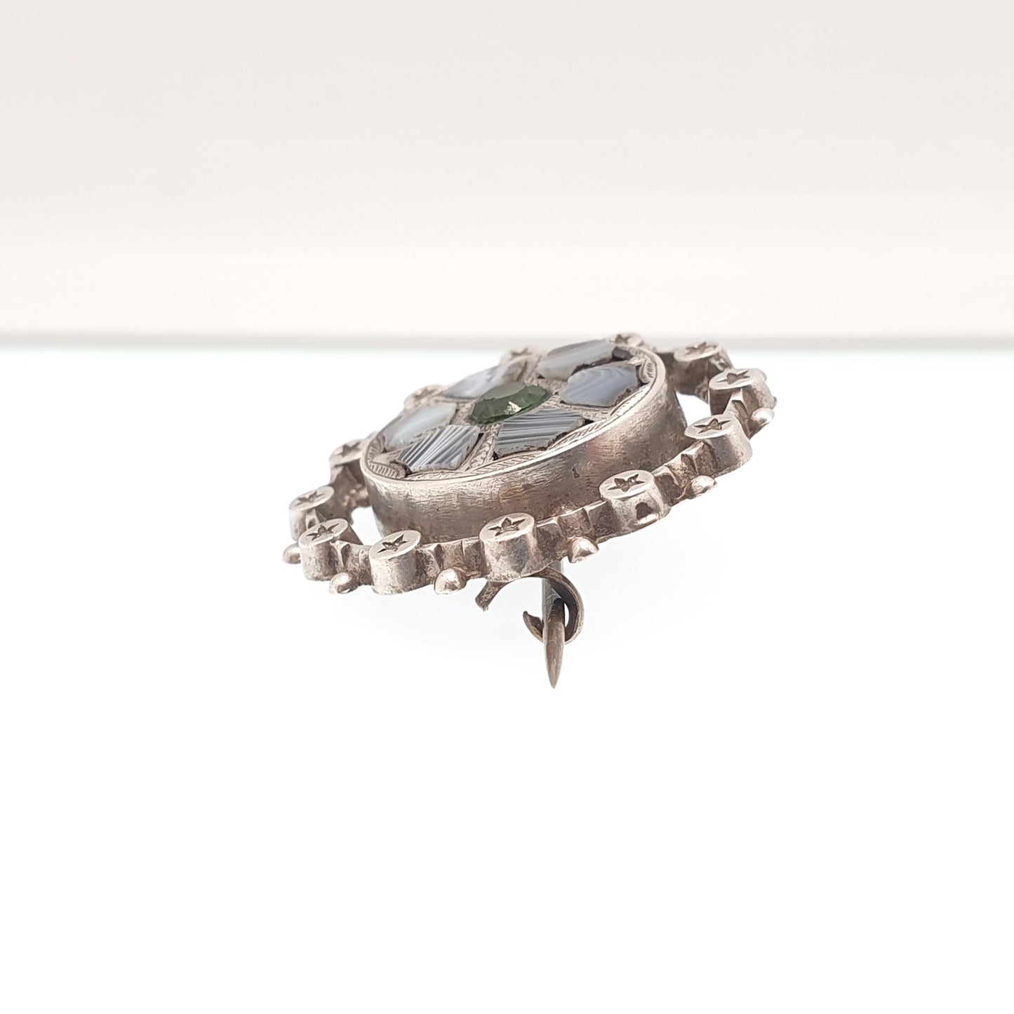 Antique Sterling Silver Montrose Lace Agate Brooch Victorian Star Border Green Tourmaline Scottish Scotland Vintage