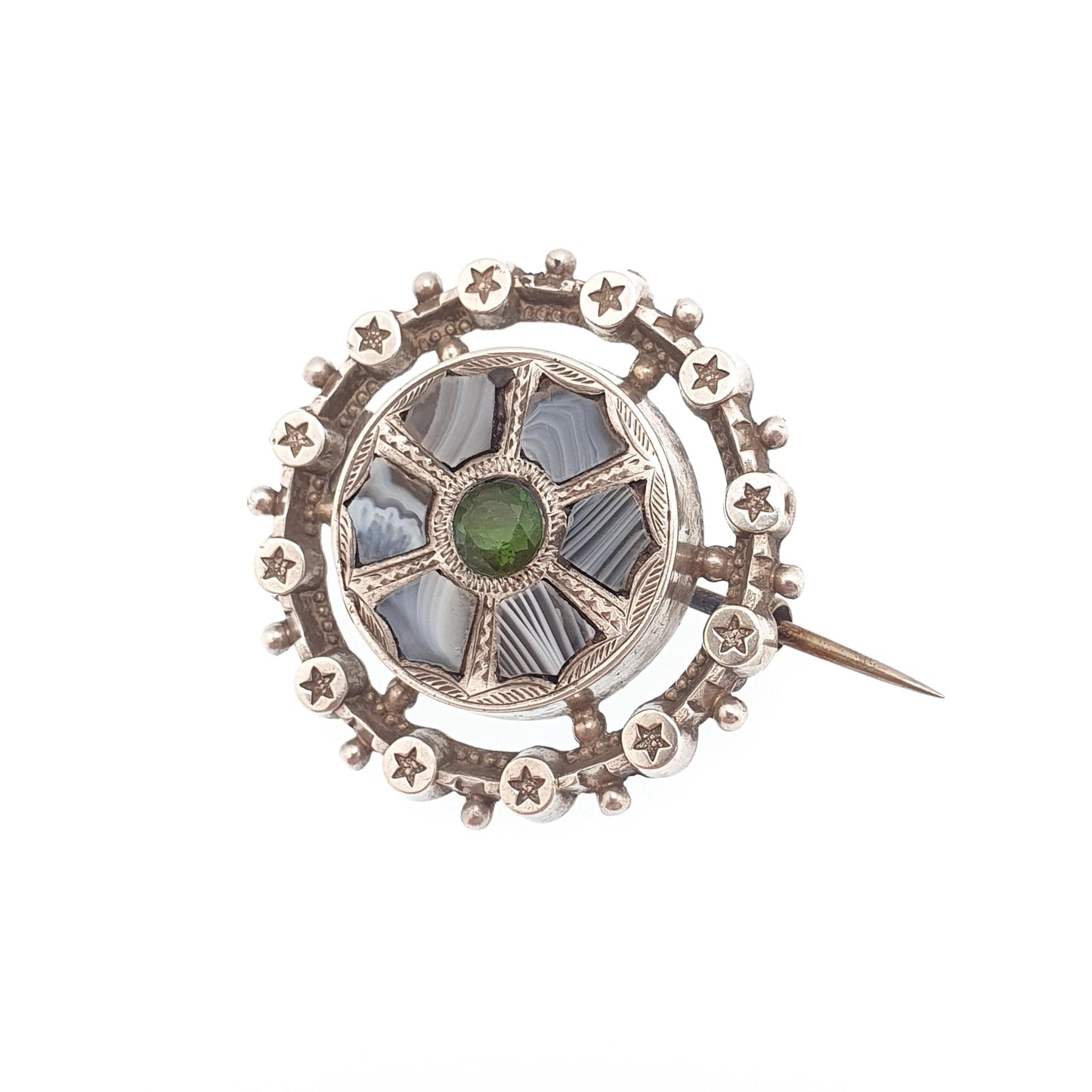 Antique Sterling Silver Montrose Lace Agate Brooch Victorian Star Border Green Tourmaline Scottish Scotland Vintage