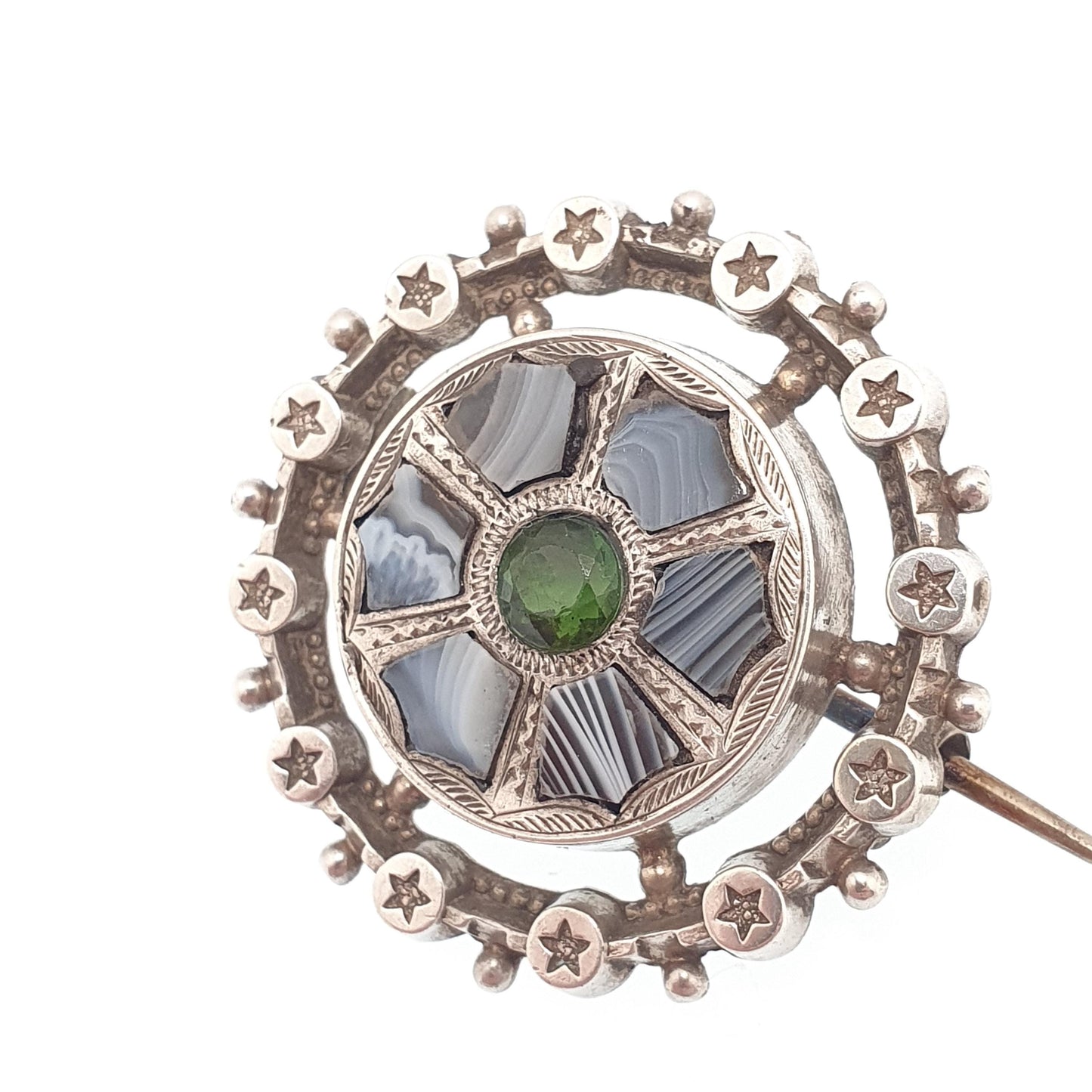 Antique Sterling Silver Montrose Lace Agate Brooch Victorian Star Border Green Tourmaline Scottish Scotland Vintage