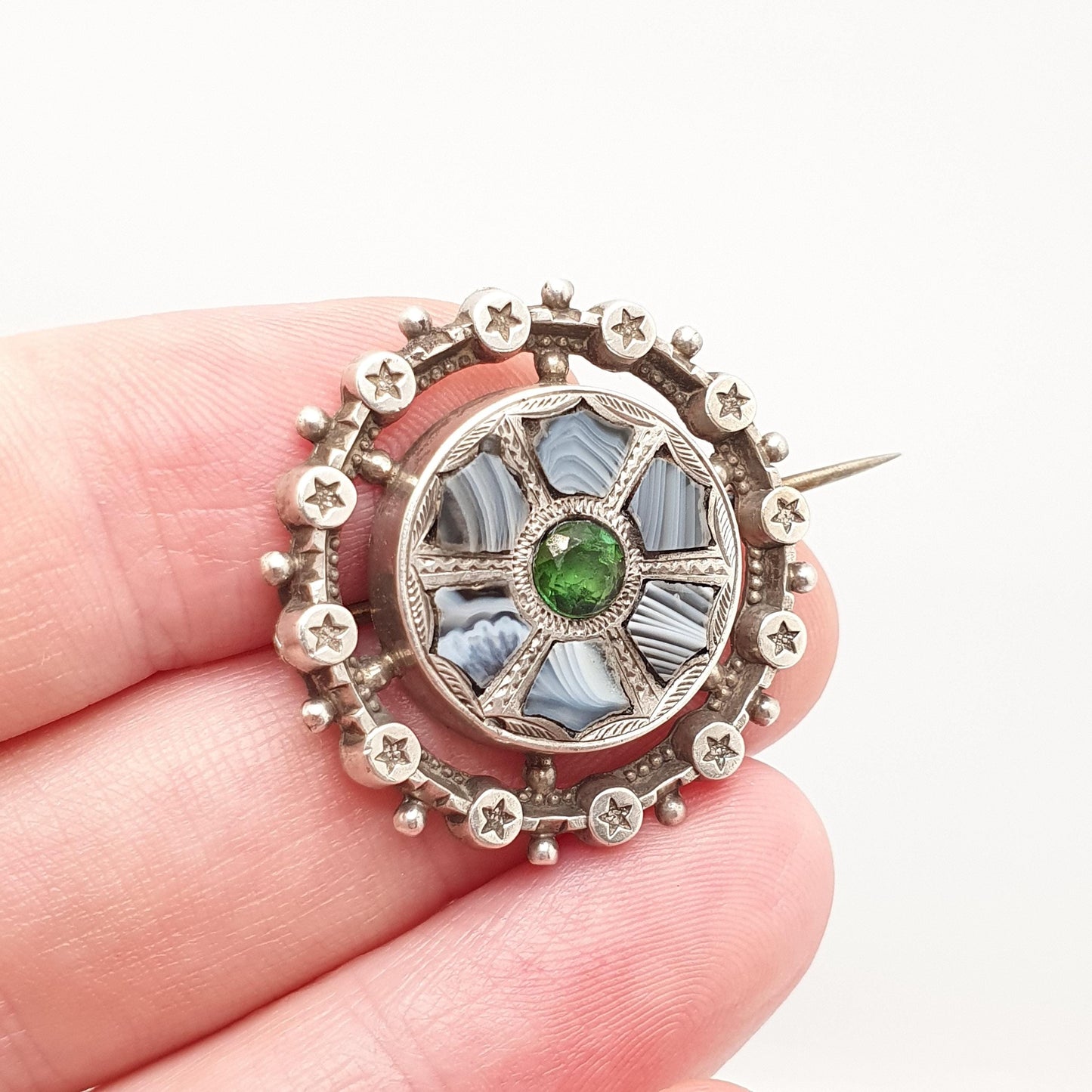 Antique Sterling Silver Montrose Lace Agate Brooch Victorian Star Border Green Tourmaline Scottish Scotland Vintage