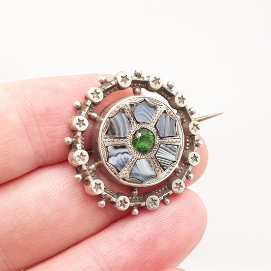 Antique Sterling Silver Montrose Lace Agate Brooch Victorian Star Border Green Tourmaline Scottish Scotland Vintage