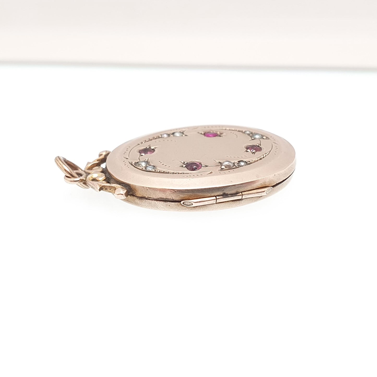 Antique 9ct 9k Gold Ruby Paste Locket Seed Pearl Back Front Oval Pendant Picture Photo Vintage Jewelry Jewellery