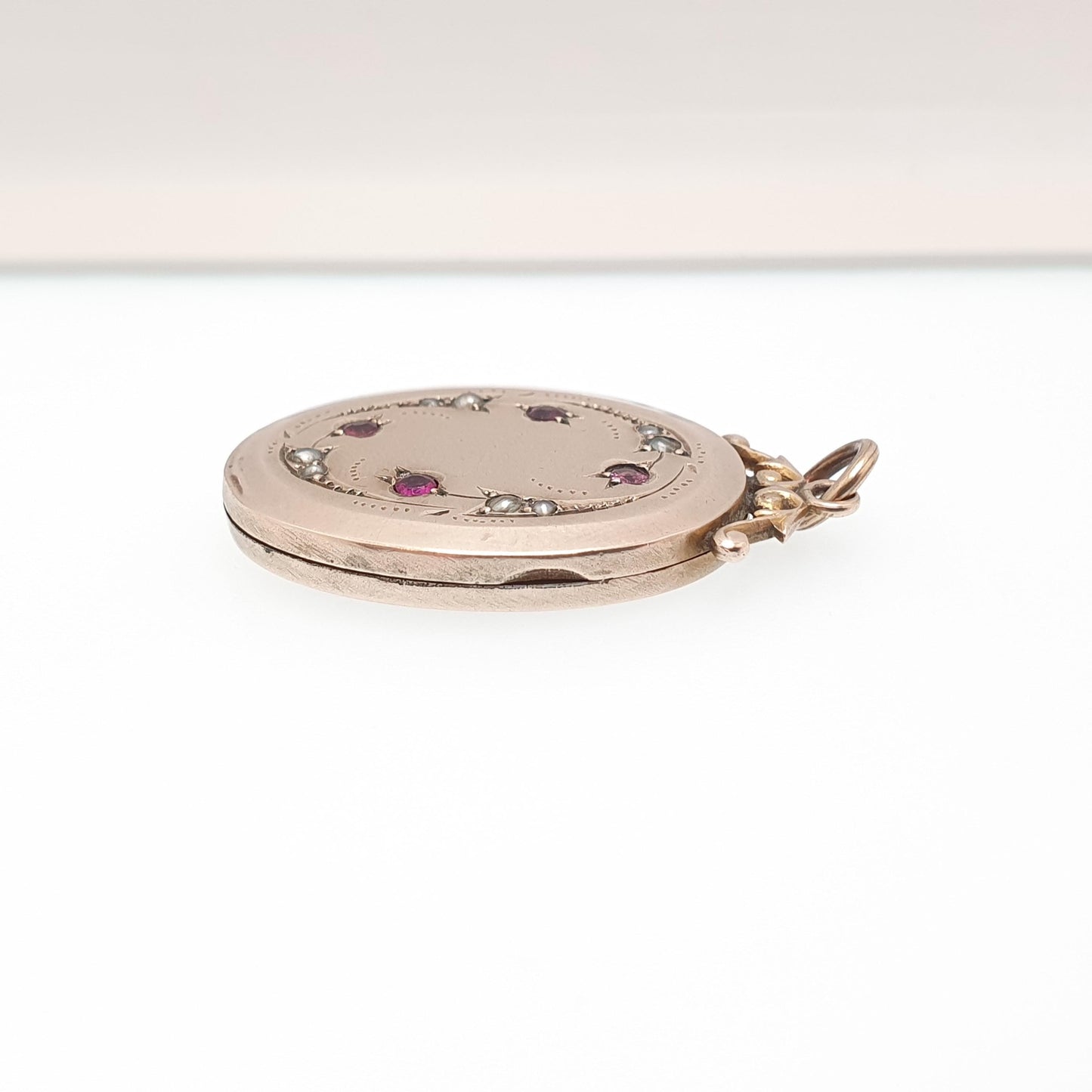 Antique 9ct 9k Gold Ruby Paste Locket Seed Pearl Back Front Oval Pendant Picture Photo Vintage Jewelry Jewellery