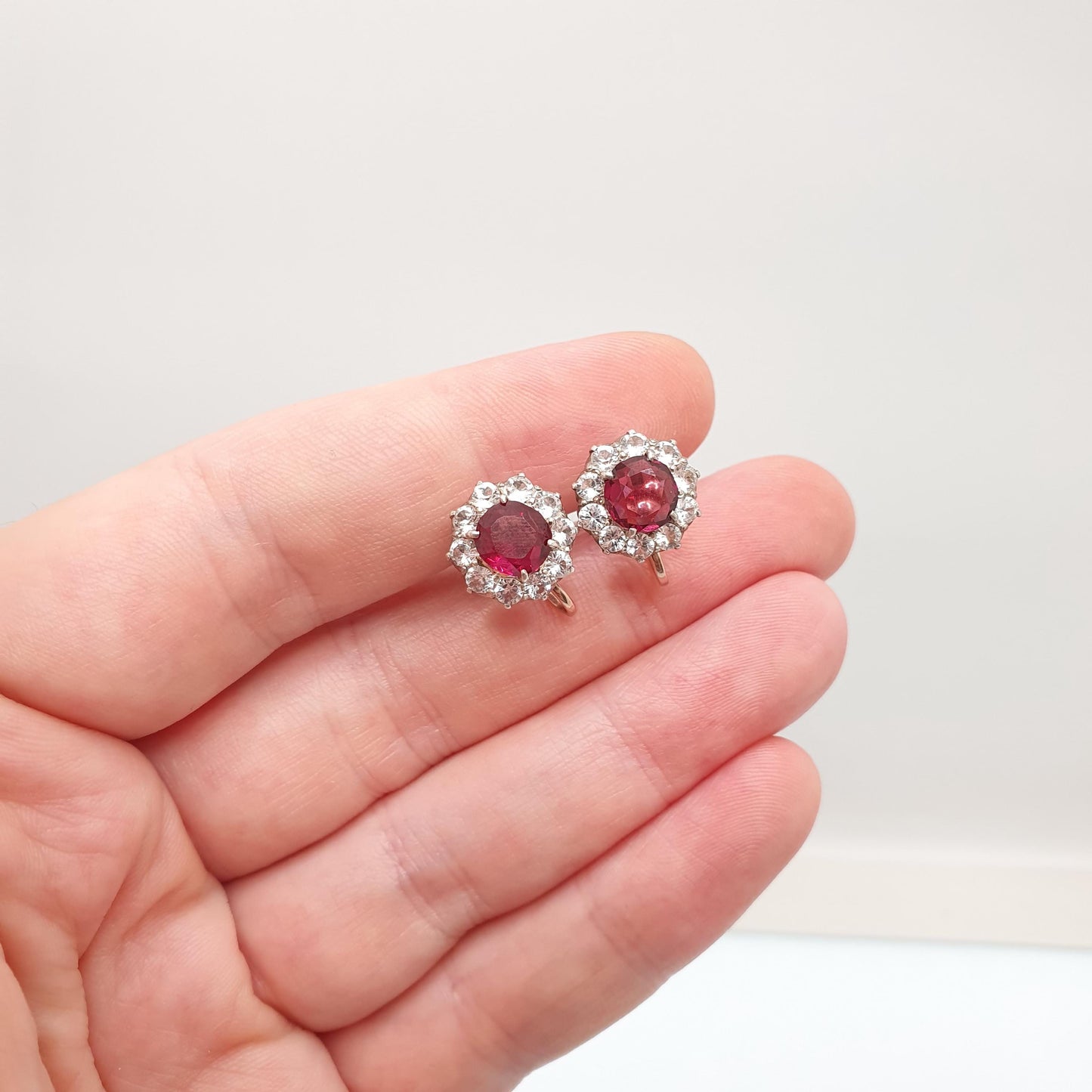 Antique 9ct Garnet & White Sapphire Earrings Victorian Solid Silver 9k 9kt Genuine Gemstone Cluster Screw Back Vintage Jewelry Jewellery