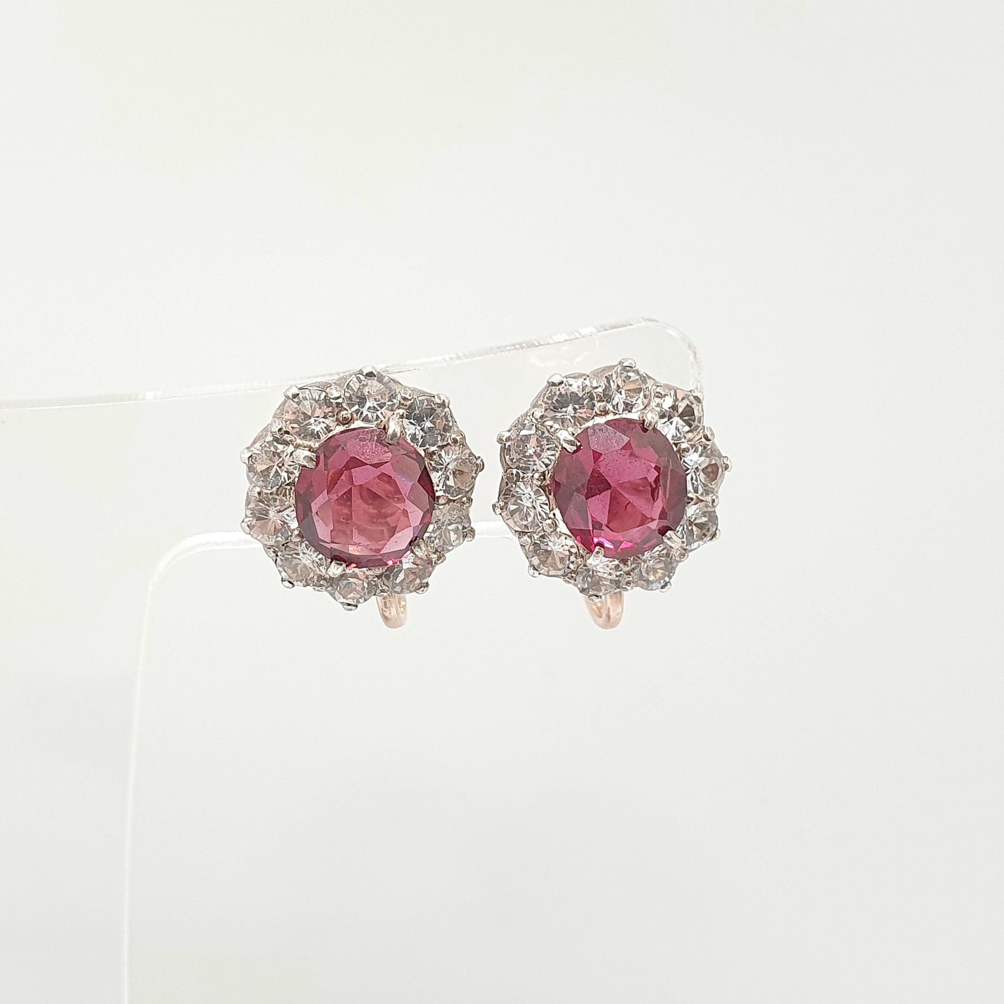Antique 9ct Garnet & White Sapphire Earrings Victorian Solid Silver 9k 9kt Genuine Gemstone Cluster Screw Back Vintage Jewelry Jewellery