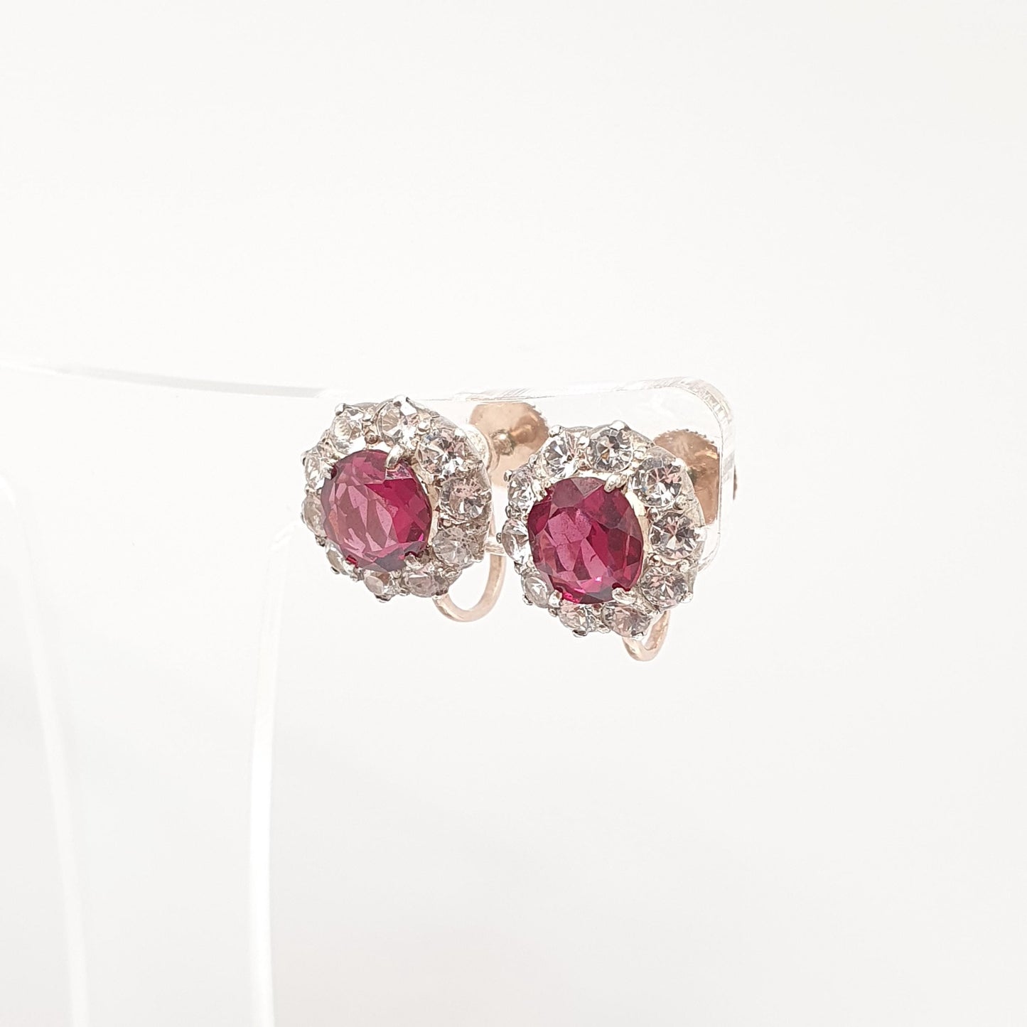 Antique 9ct Garnet & White Sapphire Earrings Victorian Solid Silver 9k 9kt Genuine Gemstone Cluster Screw Back Vintage Jewelry Jewellery