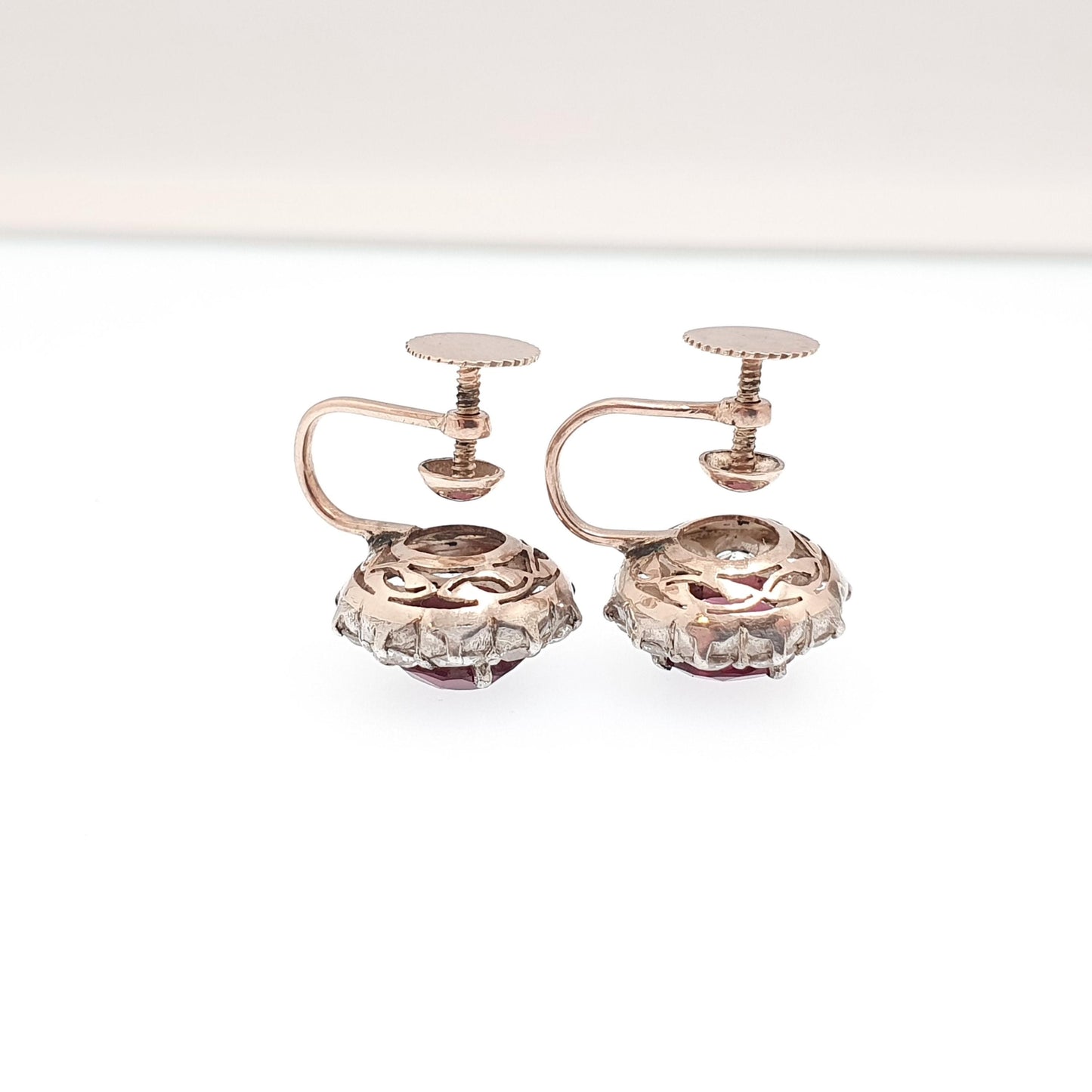 Antique 9ct Garnet & White Sapphire Earrings Victorian Solid Silver 9k 9kt Genuine Gemstone Cluster Screw Back Vintage Jewelry Jewellery