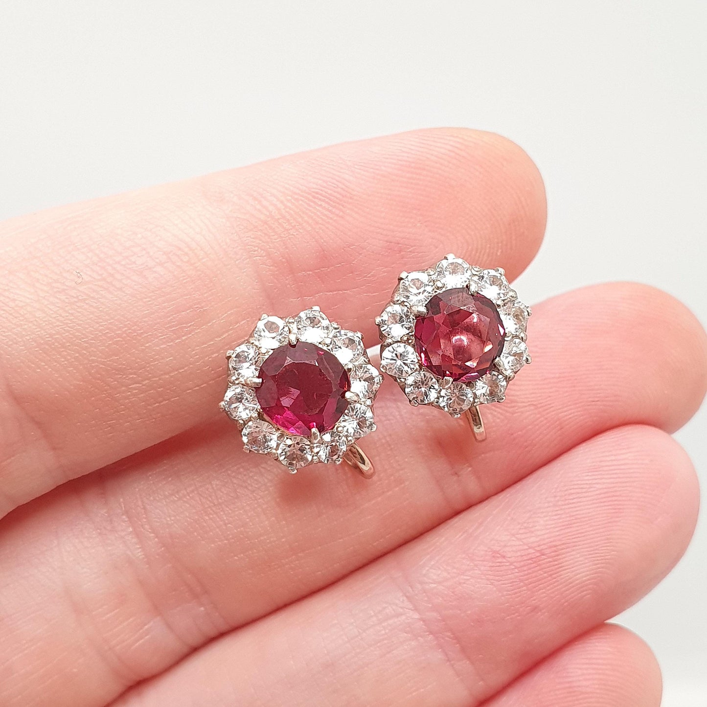 Antique 9ct Garnet & White Sapphire Earrings Victorian Solid Silver 9k 9kt Genuine Gemstone Cluster Screw Back Vintage Jewelry Jewellery