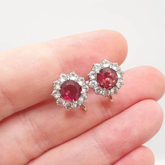 Antique 9ct Garnet & White Sapphire Earrings Victorian Solid Silver 9k 9kt Genuine Gemstone Cluster Screw Back Vintage Jewelry Jewellery