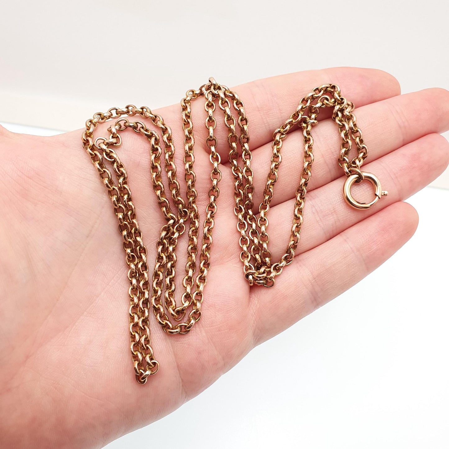 Antique Victorian Rolled Gold Belcher Chain Necklace Long Guard Muff 92cm 36.2" 27.90g Rose Gold Filled Oval Cable