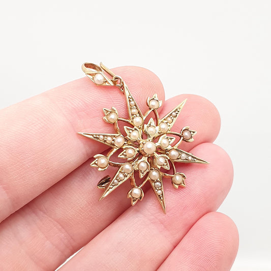Antique 15ct Gold Star Pendant Seed Pearl Necklace Victorian Brooch Pin Solid 15k 15kt Celestial Vintage Jewellery Jewelry