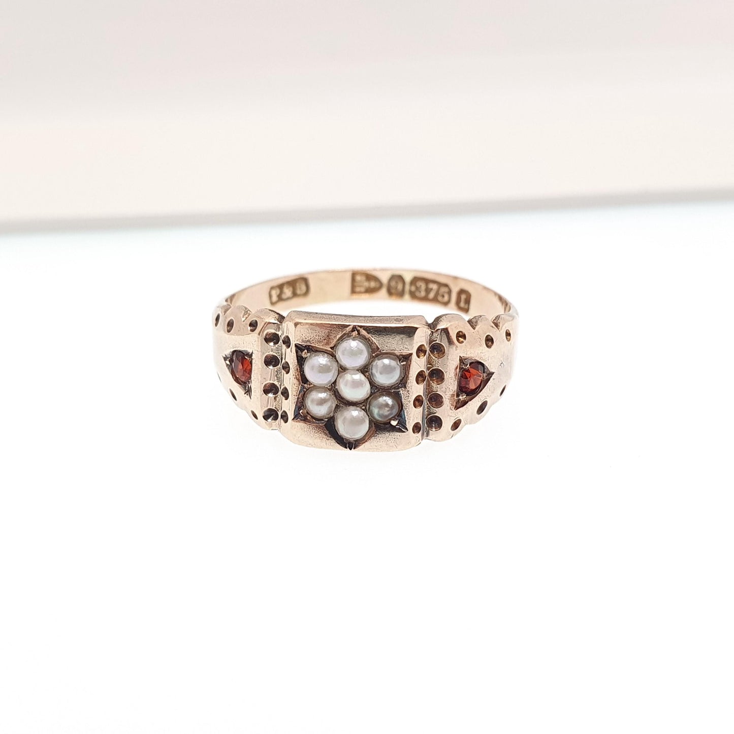 Antique Victorian 9ct Gold Garnet & Pearl Ring 1894 Hallmark Solid 375 Star Centre Cluster Womens Vintage Jewelry Jewellery UK N US 6 3/4