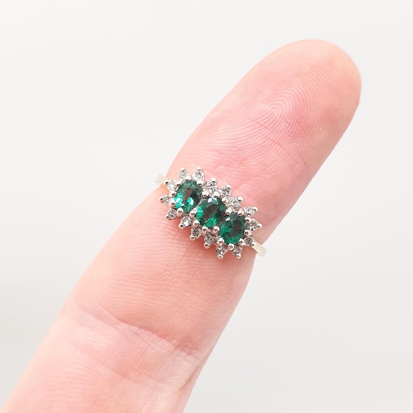 Vintage 9ct Gold Emerald & Diamond Ring Trilogy Solid 9k 9kt Genuine Gemstone Jewelry Jewellery Womens UK J 1/2 US 5