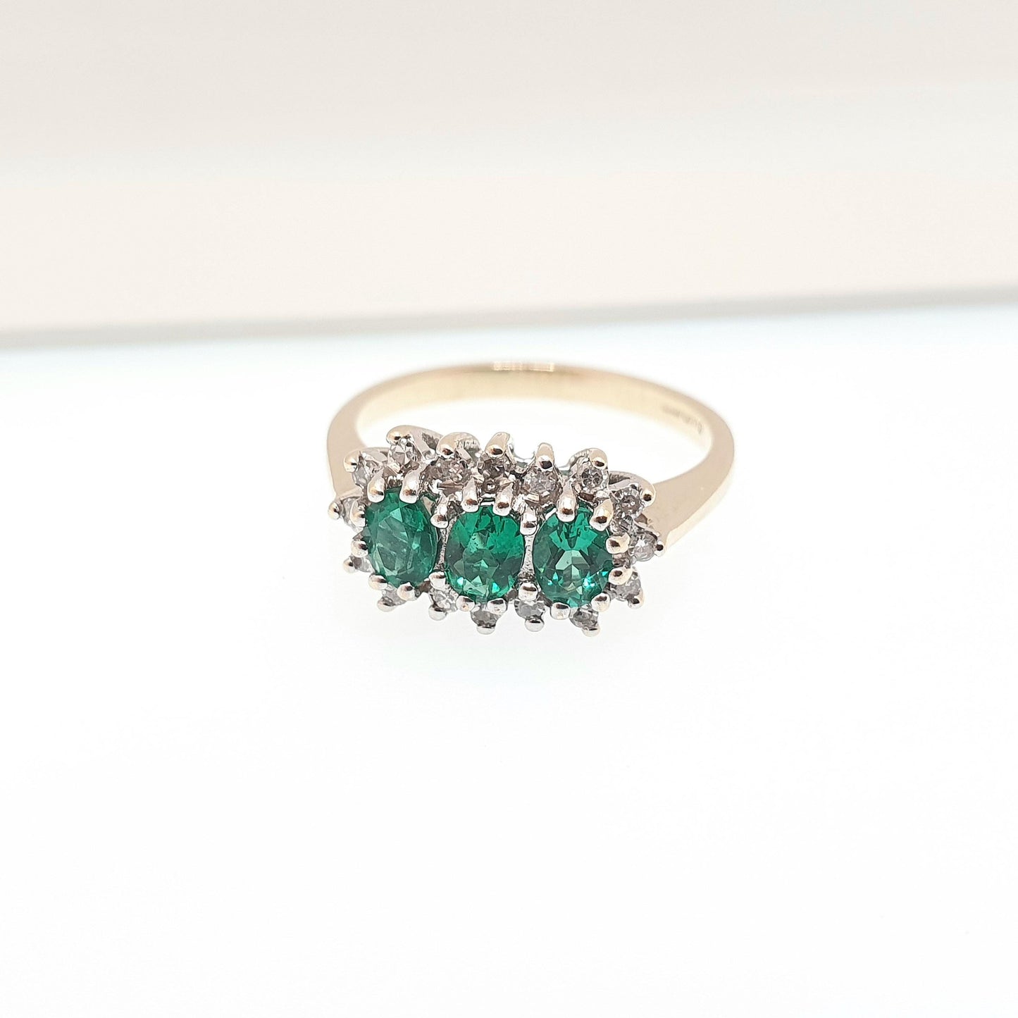 Vintage 9ct Gold Emerald & Diamond Ring Trilogy Solid 9k 9kt Genuine Gemstone Jewelry Jewellery Womens UK J 1/2 US 5