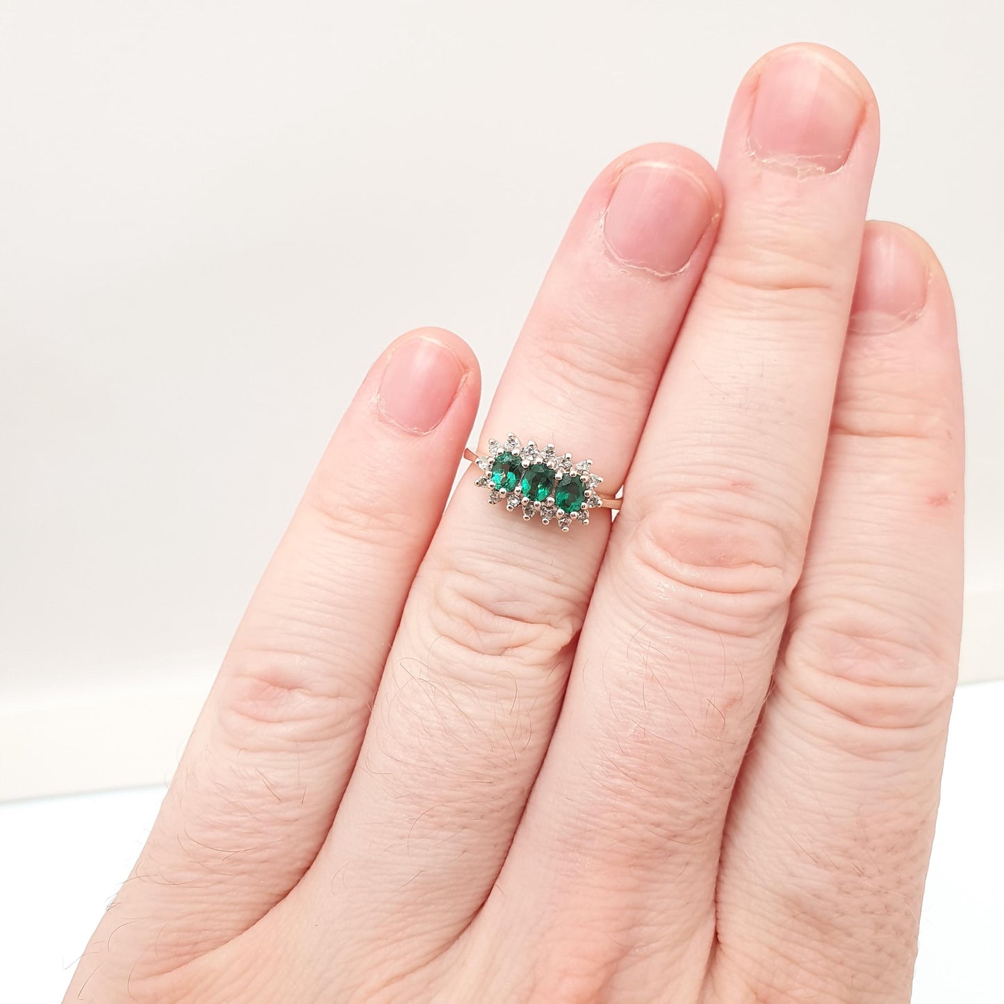 Vintage 9ct Gold Emerald & Diamond Ring Trilogy Solid 9k 9kt Genuine Gemstone Jewelry Jewellery Womens UK J 1/2 US 5