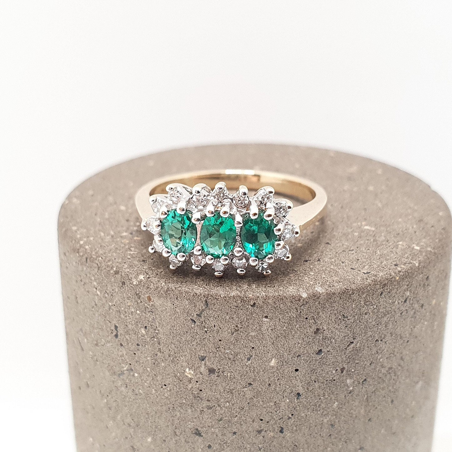 Vintage 9ct Gold Emerald & Diamond Ring Trilogy Solid 9k 9kt Genuine Gemstone Jewelry Jewellery Womens UK J 1/2 US 5