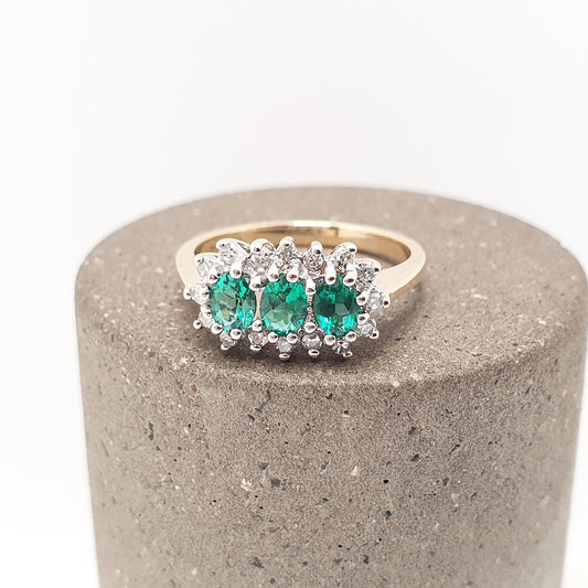 Vintage 9ct Gold Emerald & Diamond Ring Trilogy Solid 9k 9kt Genuine Gemstone Jewelry Jewellery Womens UK J 1/2 US 5