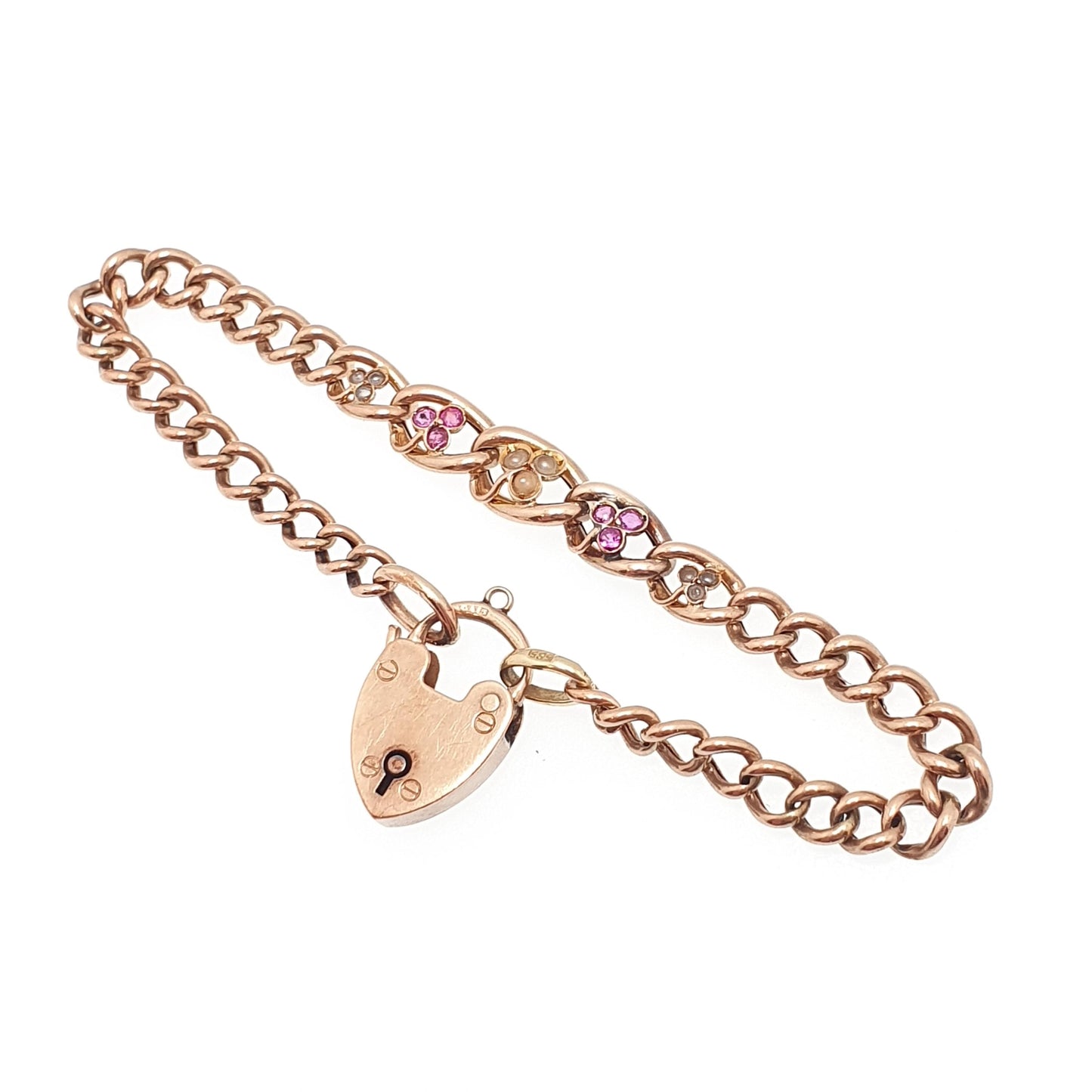 Antique 9ct Rose Gold Ruby & Pearl Bracelet Curb Link Clover Padlock Lock Clasp Solid 9k 375 Charm 18cm 7" 7.13g Vintage Jewelry Jewellery