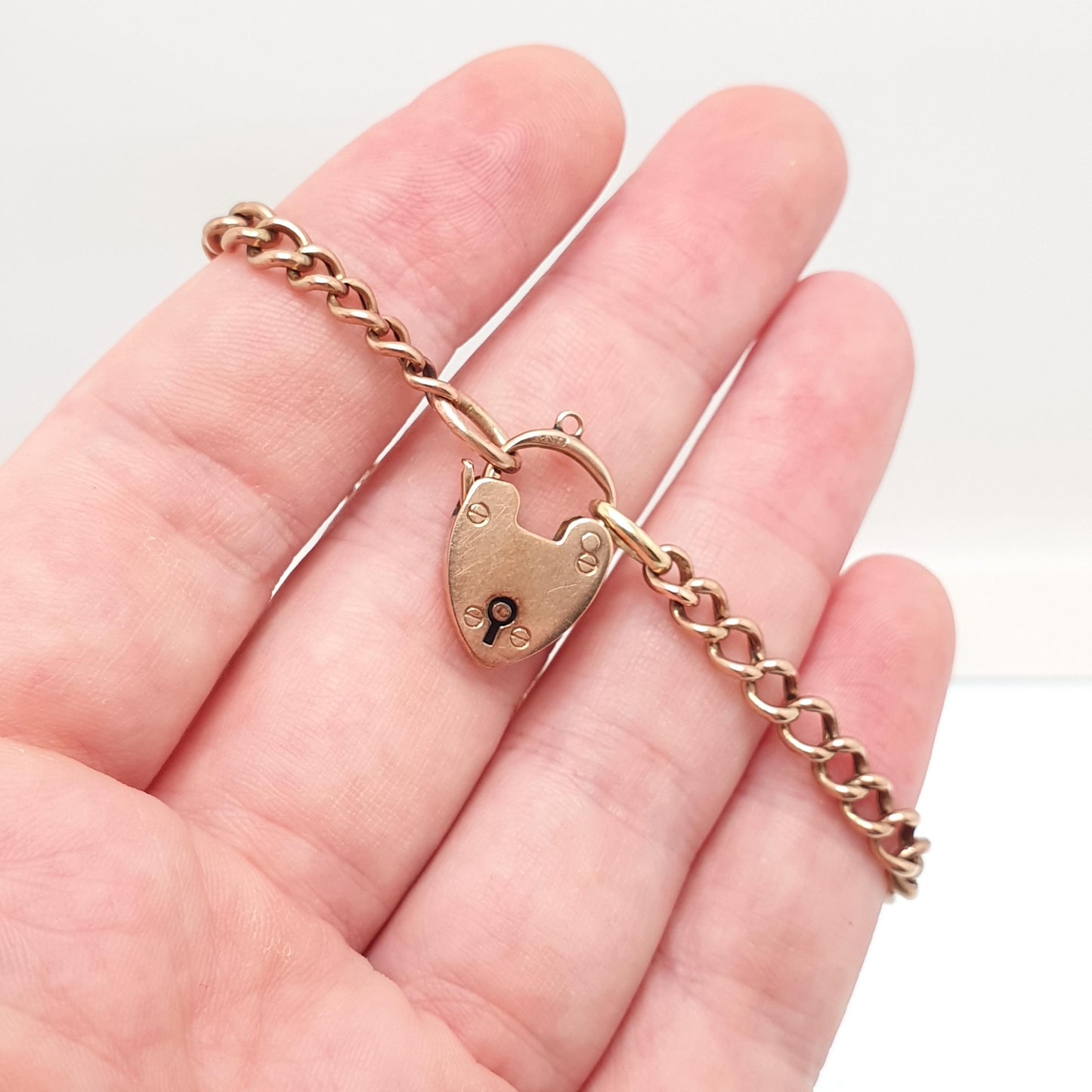 Antique 9ct Rose Gold Ruby & Pearl Bracelet Curb Link Clover Padlock Lock Clasp Solid 9k 375 Charm 18cm 7" 7.13g Vintage Jewelry Jewellery