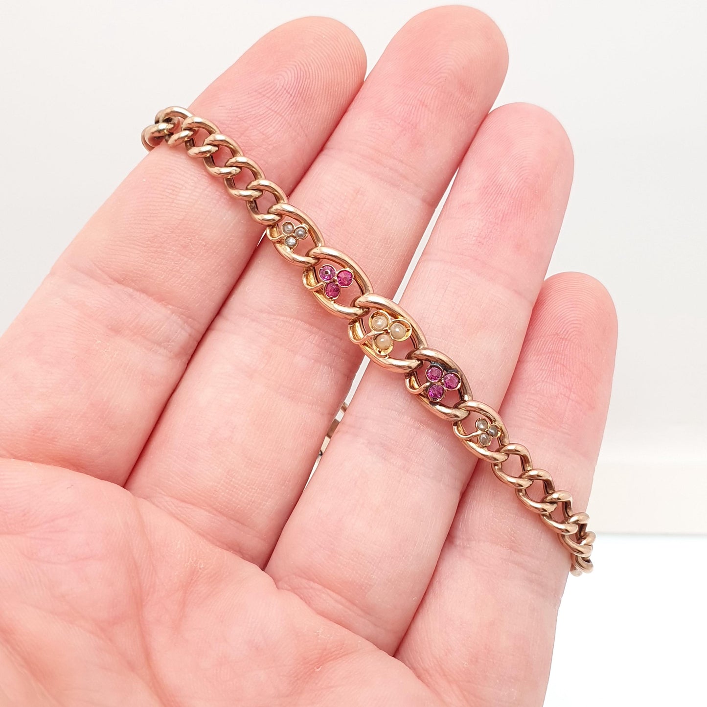 Antique 9ct Rose Gold Ruby & Pearl Bracelet Curb Link Clover Padlock Lock Clasp Solid 9k 375 Charm 18cm 7" 7.13g Vintage Jewelry Jewellery