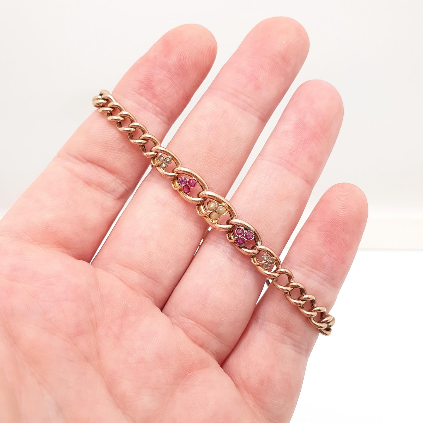 Antique 9ct Rose Gold Ruby & Pearl Bracelet Curb Link Clover Padlock Lock Clasp Solid 9k 375 Charm 18cm 7" 7.13g Vintage Jewelry Jewellery