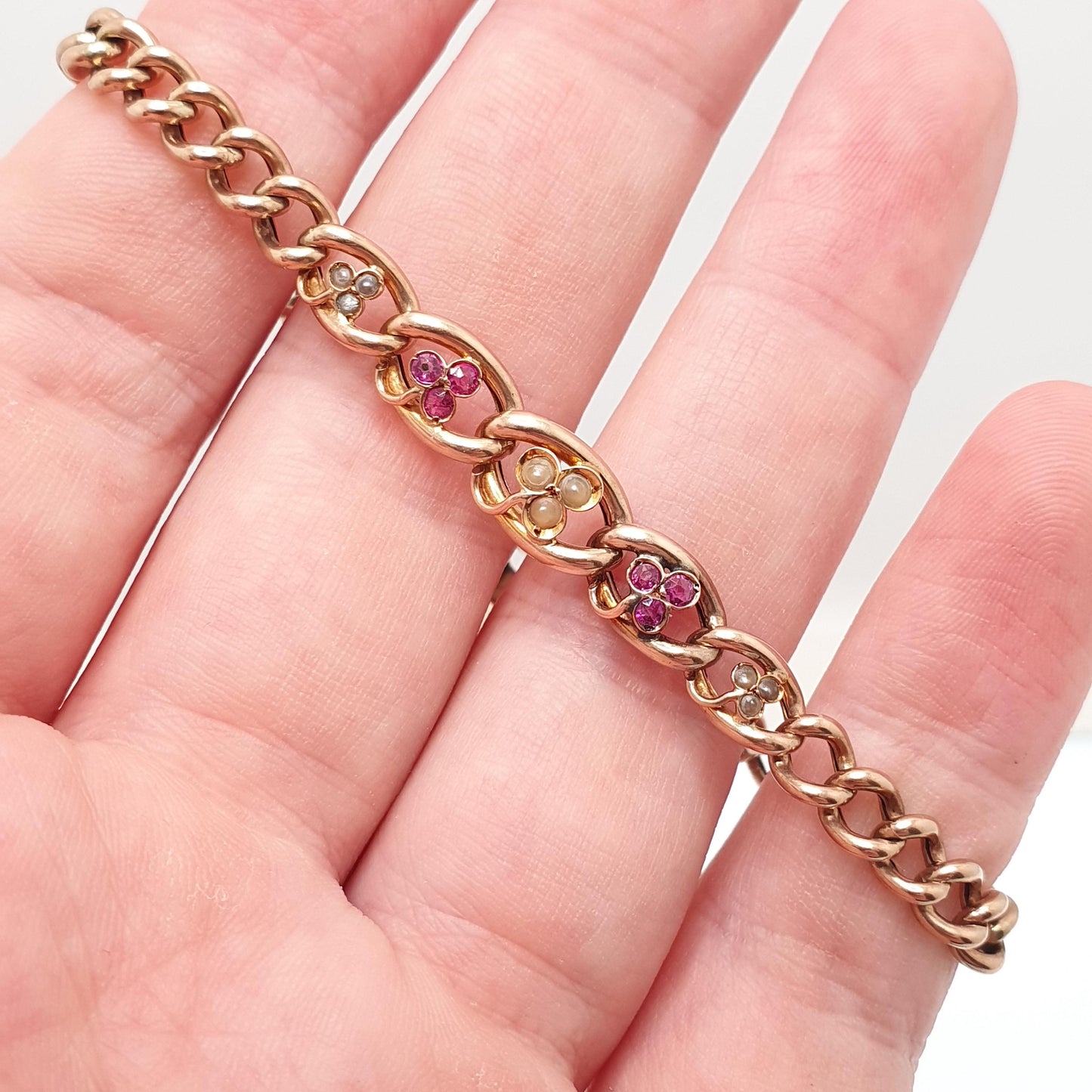 Antique 9ct Rose Gold Ruby & Pearl Bracelet Curb Link Clover Padlock Lock Clasp Solid 9k 375 Charm 18cm 7" 7.13g Vintage Jewelry Jewellery