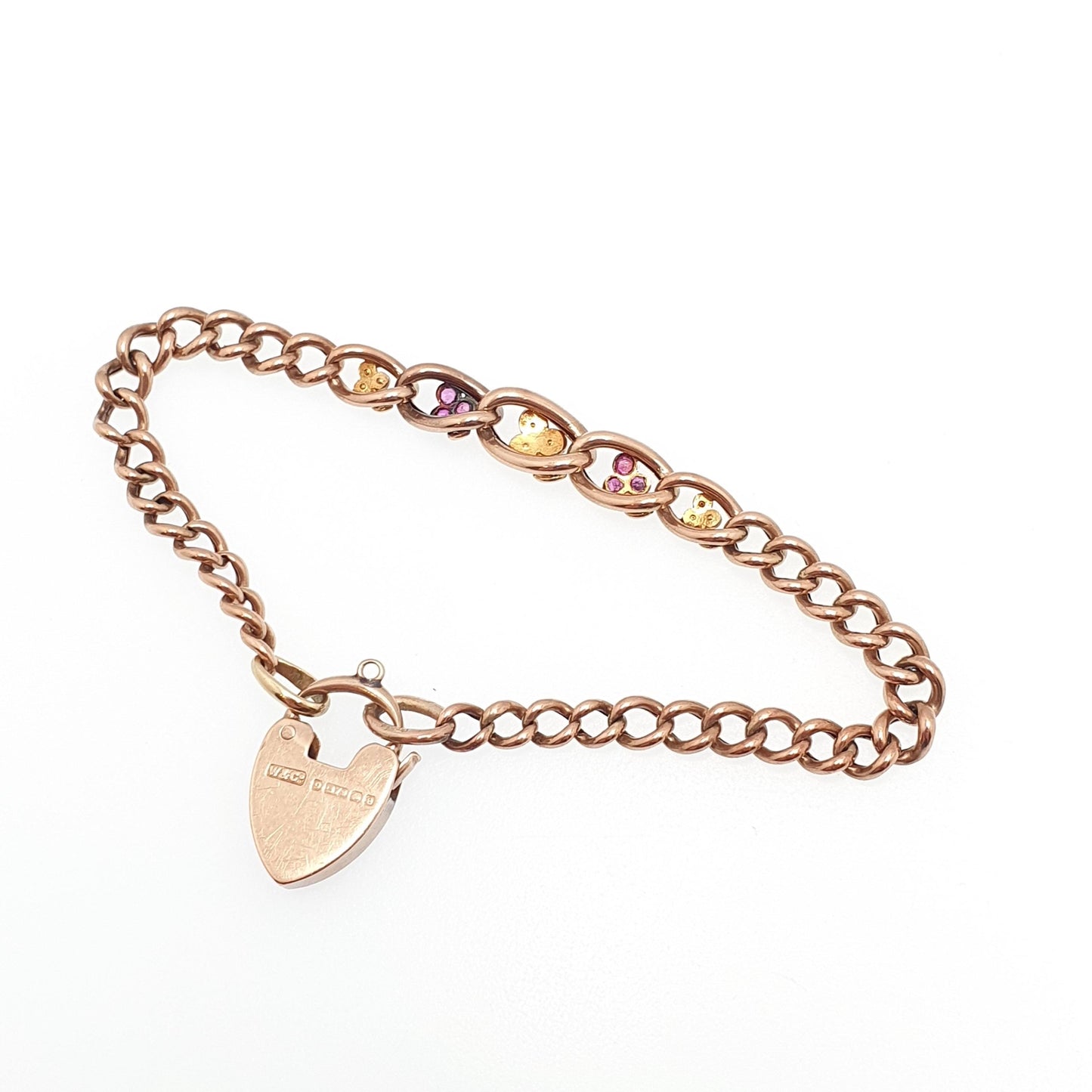 Antique 9ct Rose Gold Ruby & Pearl Bracelet Curb Link Clover Padlock Lock Clasp Solid 9k 375 Charm 18cm 7" 7.13g Vintage Jewelry Jewellery