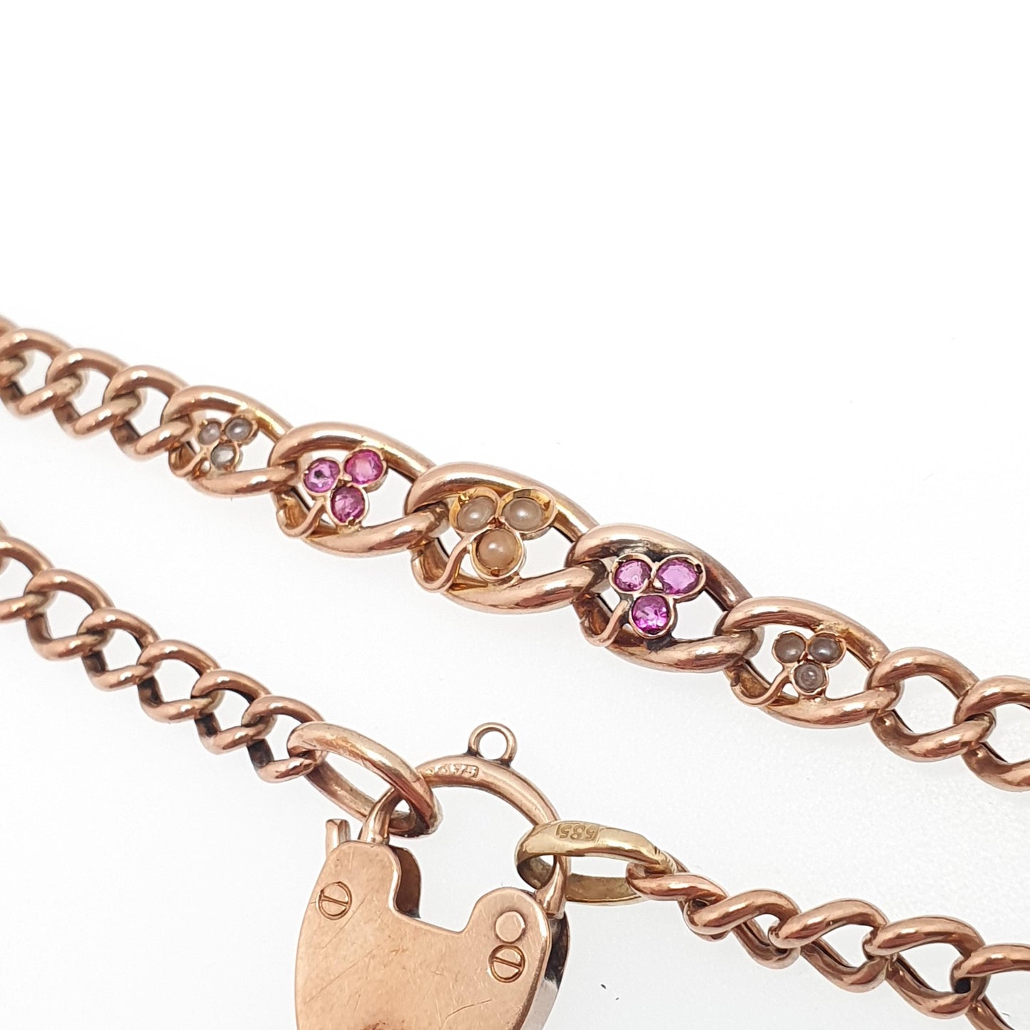 Antique 9ct Rose Gold Ruby & Pearl Bracelet Curb Link Clover Padlock Lock Clasp Solid 9k 375 Charm 18cm 7" 7.13g Vintage Jewelry Jewellery
