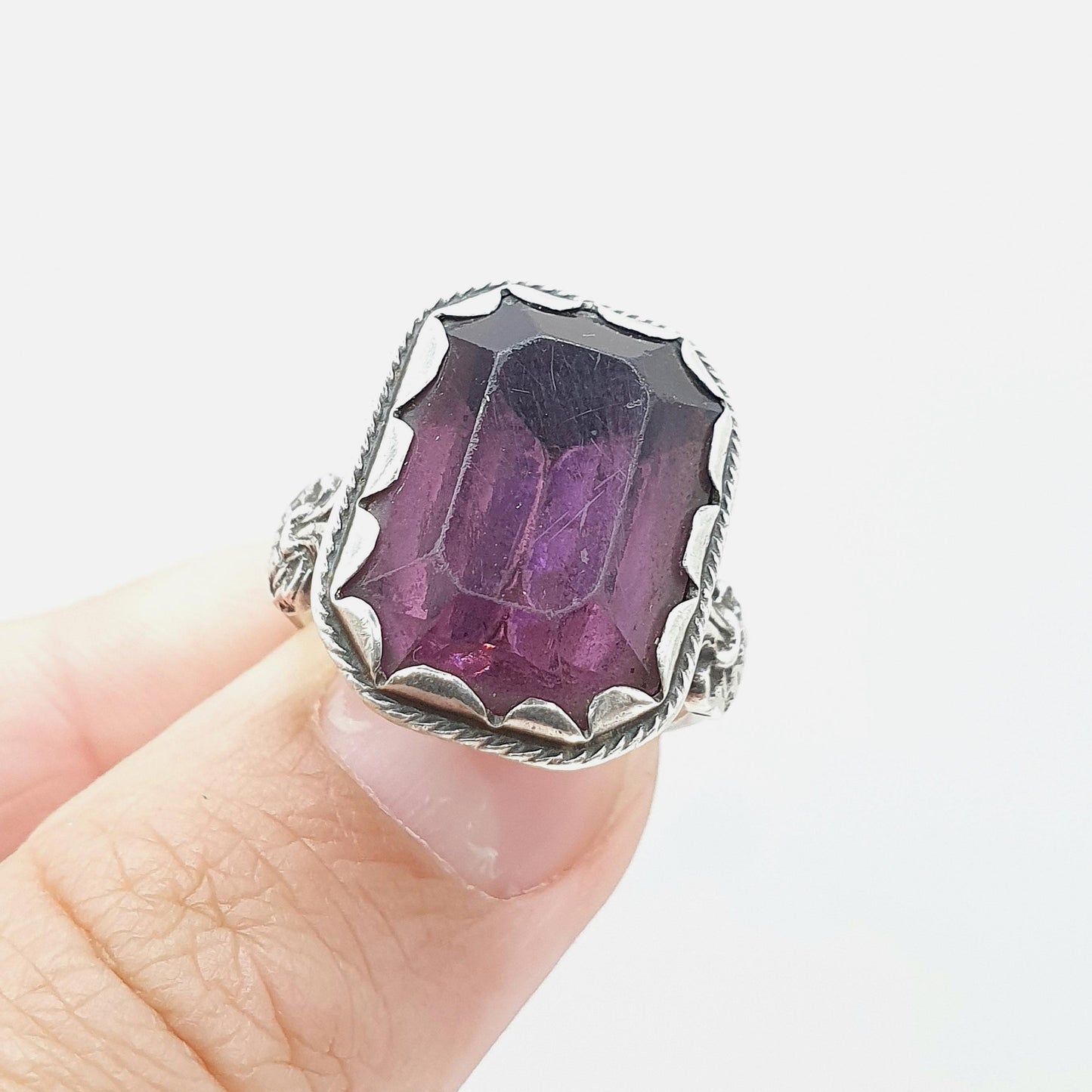 Antique Victorian Amethyst Paste Solid Silver Ring Chunky Rectangular Cut Lilac Purple Glass Womens Jewelry Vintage Jewellery UK O US 7.25