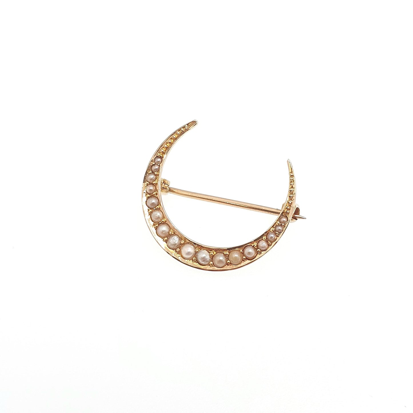 Antique Victorian 15ct Gold Crescent Moon Brooch Seed Pearl Solid 15k 625 Pin Celestial Womens Jewelry Jewellery