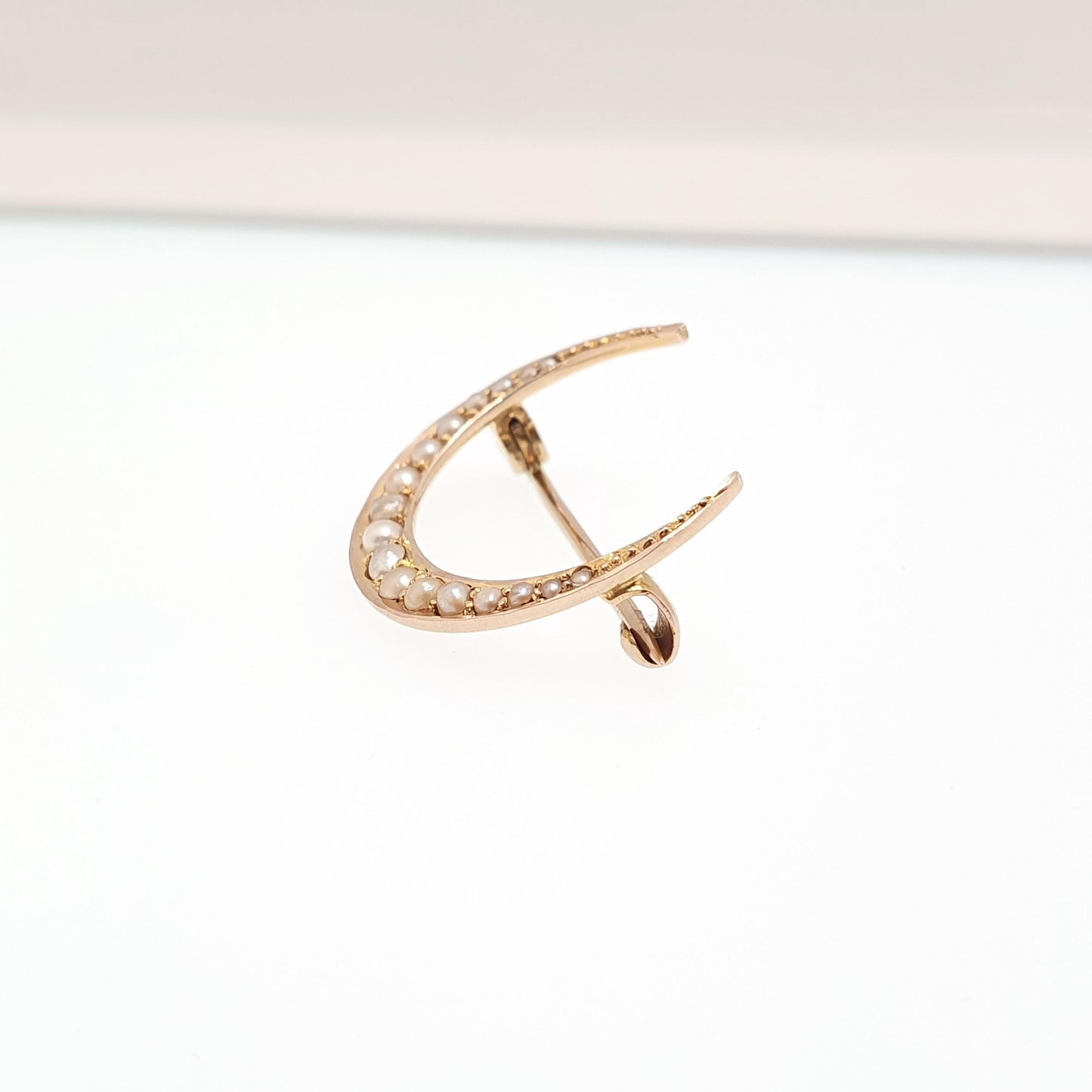 Antique Victorian 15ct Gold Crescent Moon Brooch Seed Pearl Solid 15k 625 Pin Celestial Womens Jewelry Jewellery