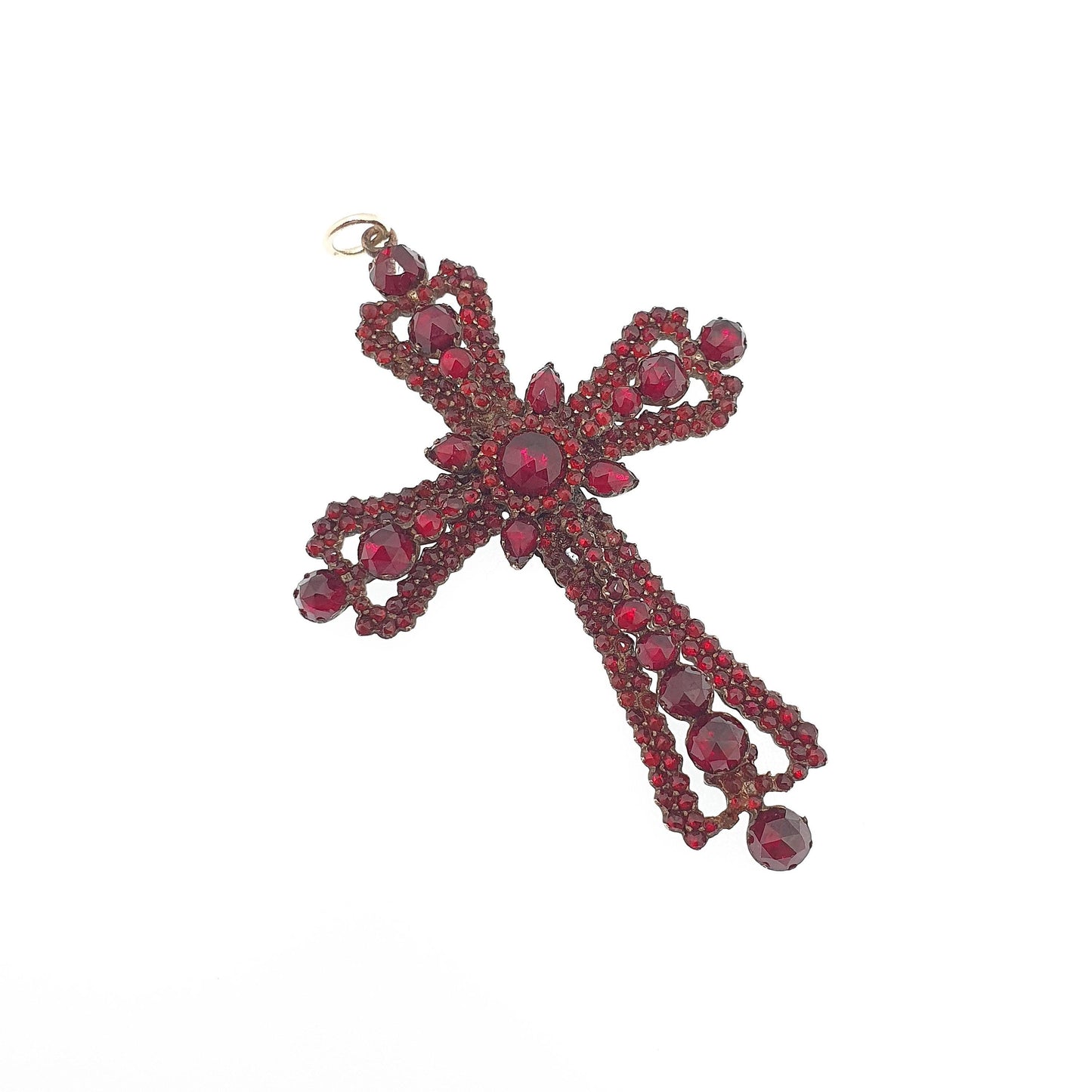 Antique Victorian Bohemian Garnet Crucifix Pendant Cross Necklace Rolled Gold Filled Large Big Renaissance Revival Vintage Jewelry Jewellery