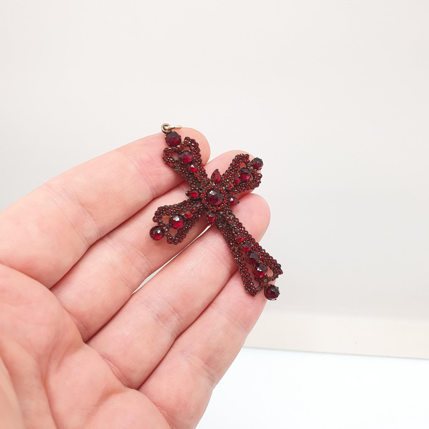 Antique Victorian Bohemian Garnet Crucifix Pendant Cross Necklace Rolled Gold Filled Large Big Renaissance Revival Vintage Jewelry Jewellery