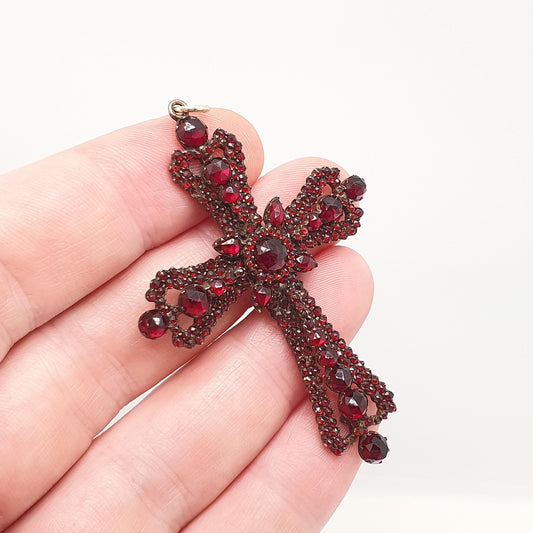Antique Victorian Bohemian Garnet Crucifix Pendant Cross Necklace Rolled Gold Filled Large Big Renaissance Revival Vintage Jewelry Jewellery