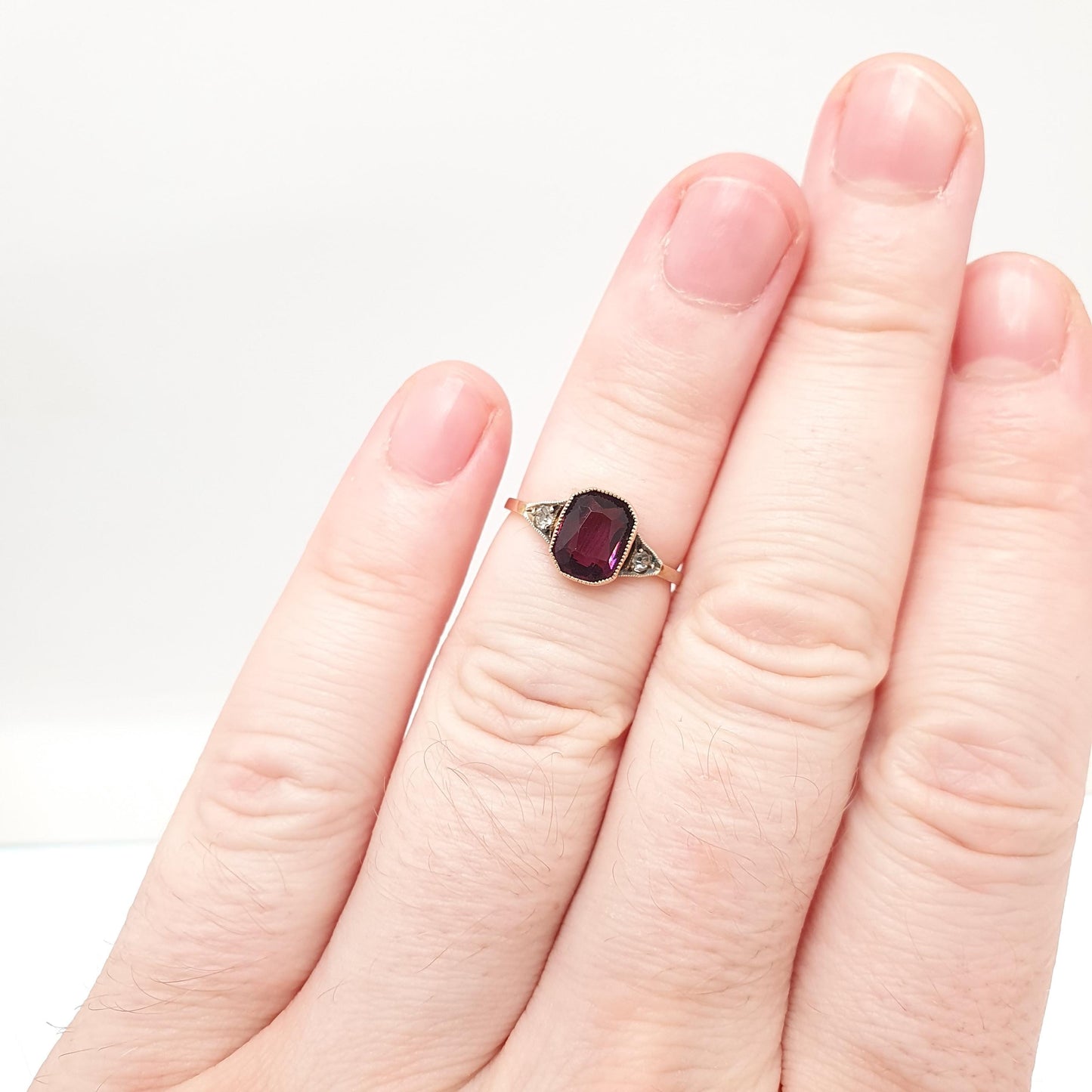 Antique 9ct 9k Gold Amethyst Paste Ring Art Deco 1920s Diamond Pastes Solid 9kt Vintage Womens Jewelry Jewellery