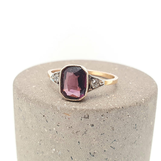 Antique 9ct 9k Gold Amethyst Paste Ring Art Deco 1920s Diamond Pastes Solid 9kt Vintage Womens Jewelry Jewellery