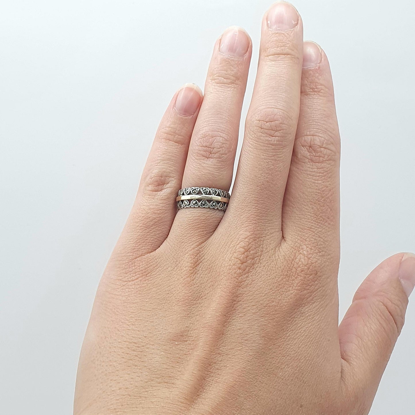 Antique 9ct Gold & Silver Eternity Ring Marcasite Heart Pattern Solid 9k 9kt Art Deco Womens Jewellery Jewelry UK K US 5.25